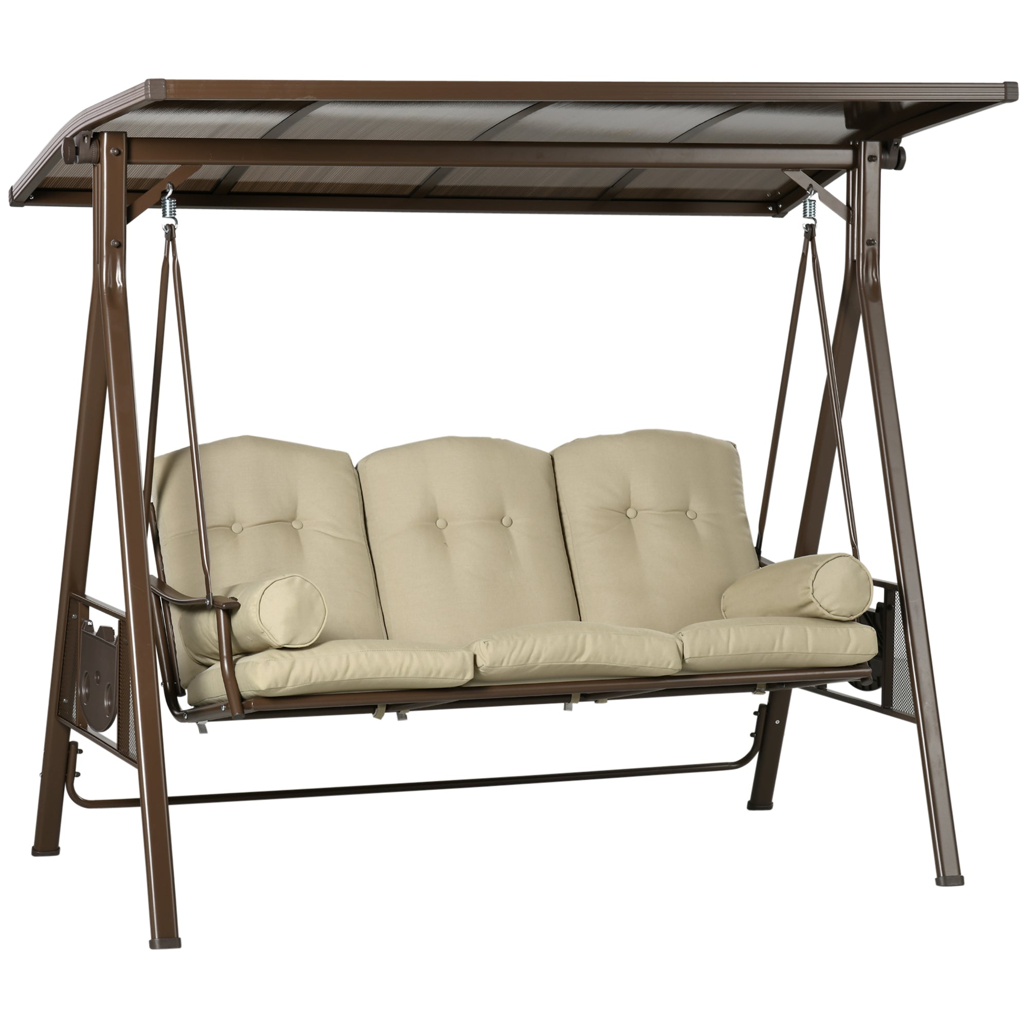 Outsunny 3-Seat Outdoor Canopy Swing Chair, Comfortable Glider with Cushion & Pillows, Adjustable Polycarbonate Roof for Porch 