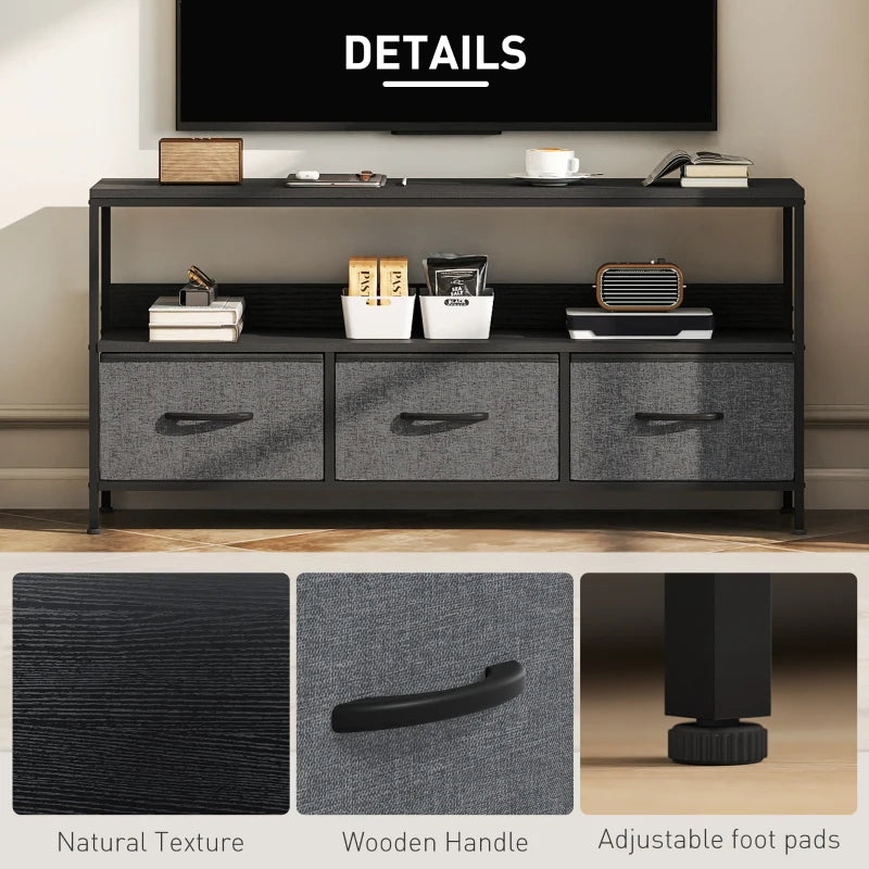 TV Stand with Charging Station, TV Table with 3 Foldable Linen Drawers and Open Shelf for 55 Inch Television, Black