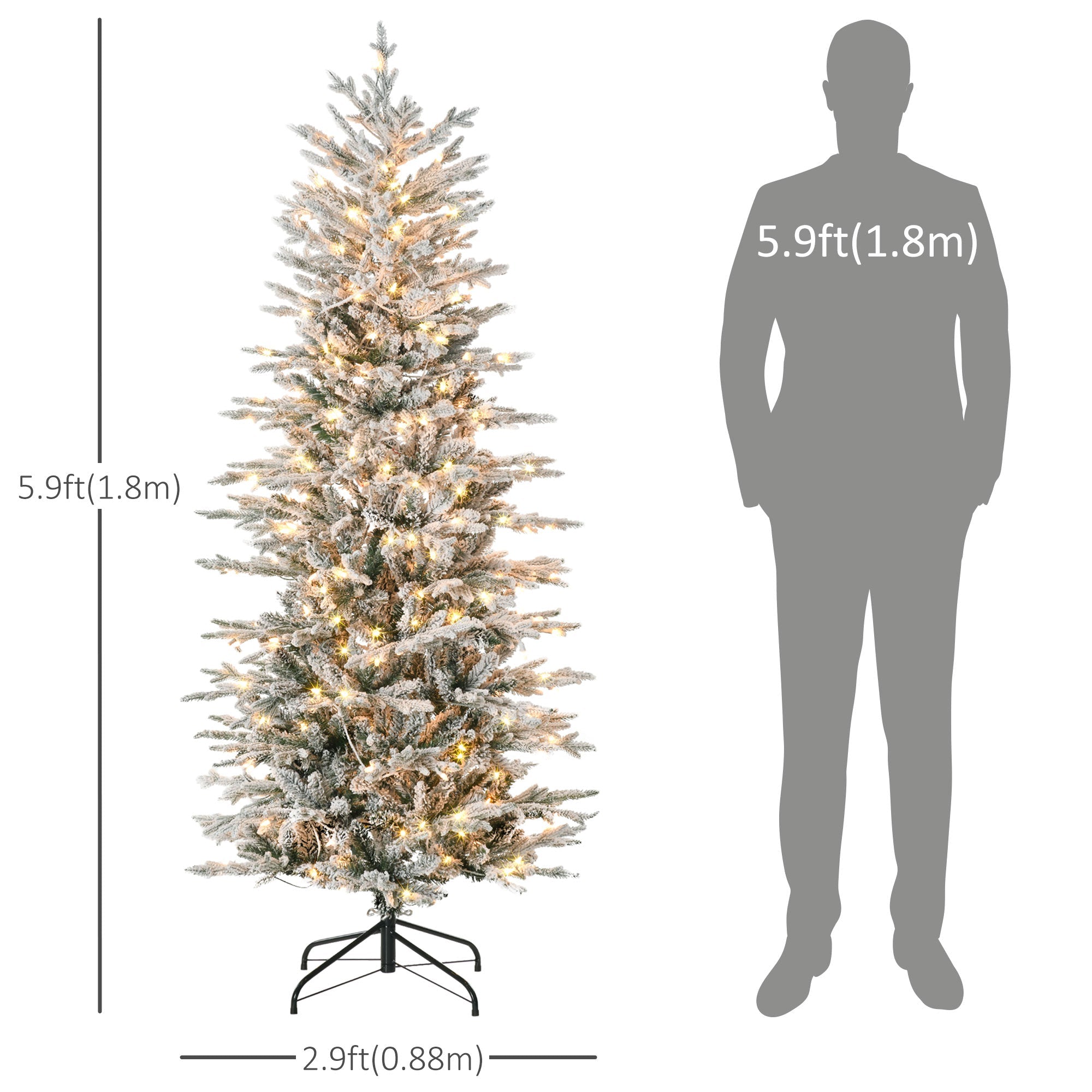 HOMCOM 6' Pre Lit Artificial Flocked Christmas Trees, with Snow Branches, Warm Yellow Clear Lights, Auto Open, Extra Bulb 