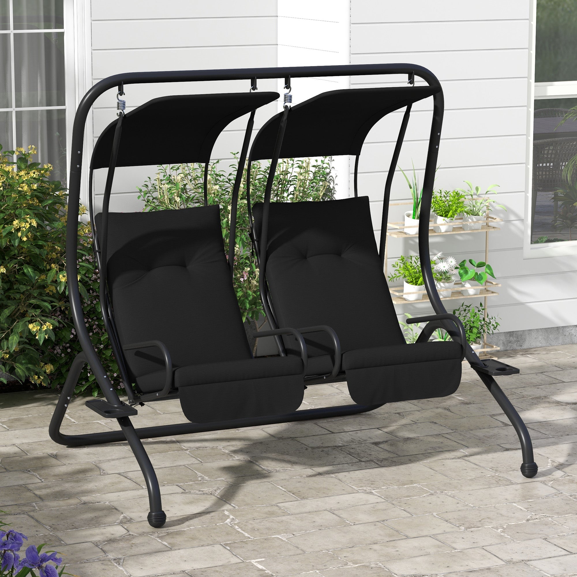 Outsunny Porch Swing 2-Seater with Canopy Shade: Outdoor Patio Chair Garden Poolside Backyard Black 