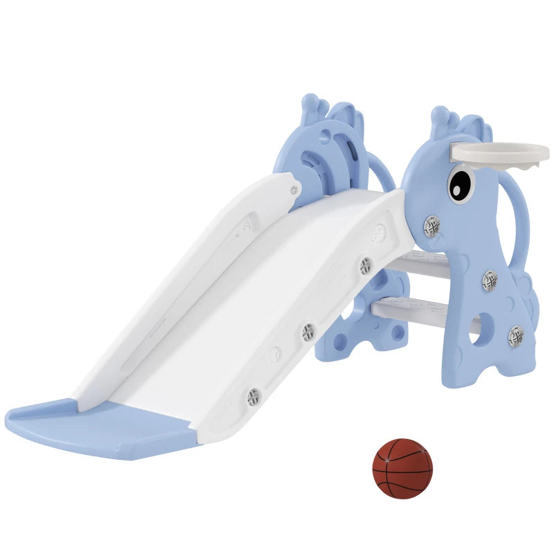 Qaba 3 in 1 Toddler Slide for Age 1-3, Kids Slide with Climber, Basketball Hoop and Ball, Giraffe Design, Blue