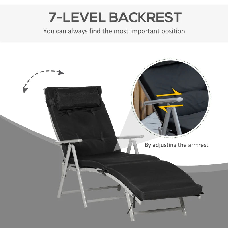 Outdoor Folding Chaise Lounge Chair Recliner with Portable Design, Adjustable Backrest, Cushion and Headrest, Black