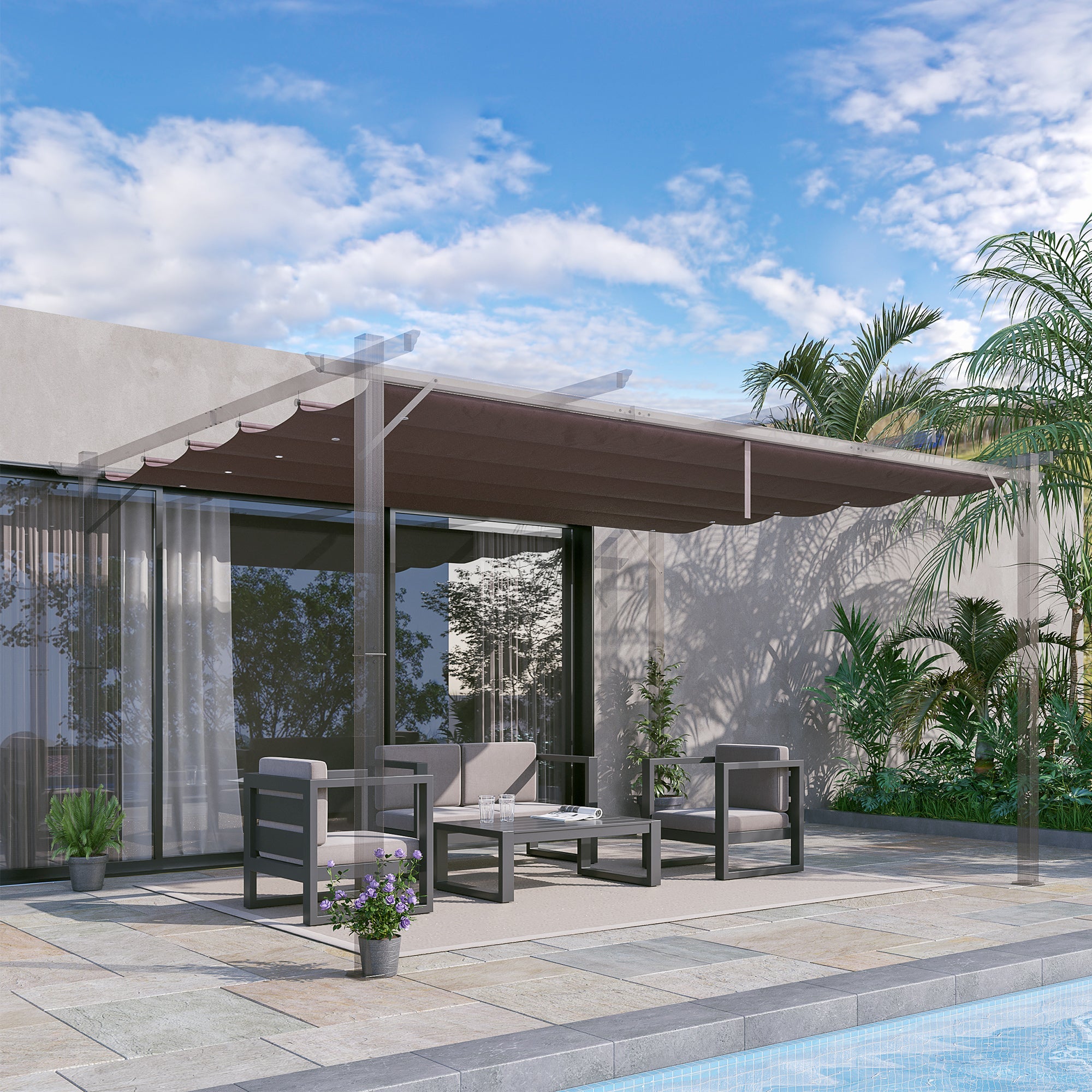 Outsunny Replacement Canopy Cover for 13.1x9.8 Pergola, Coffee - Durable Retractable Pergola Shade 