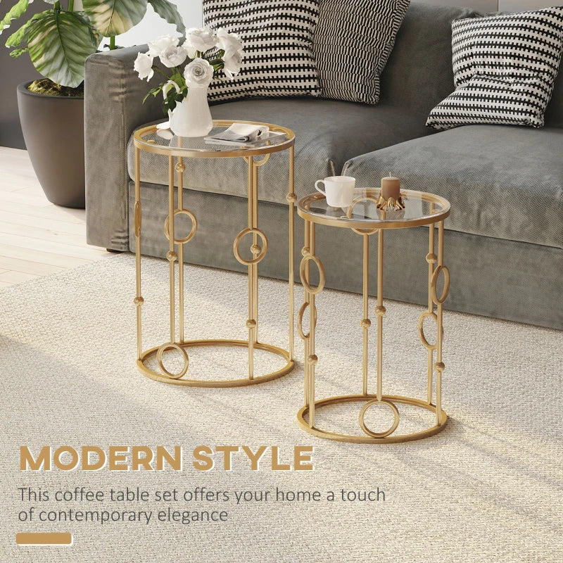 Round Coffee Tables Set of 2, Gold Nesting Side End Tables with Tempered Glass Top, Steel Frame for Living Room