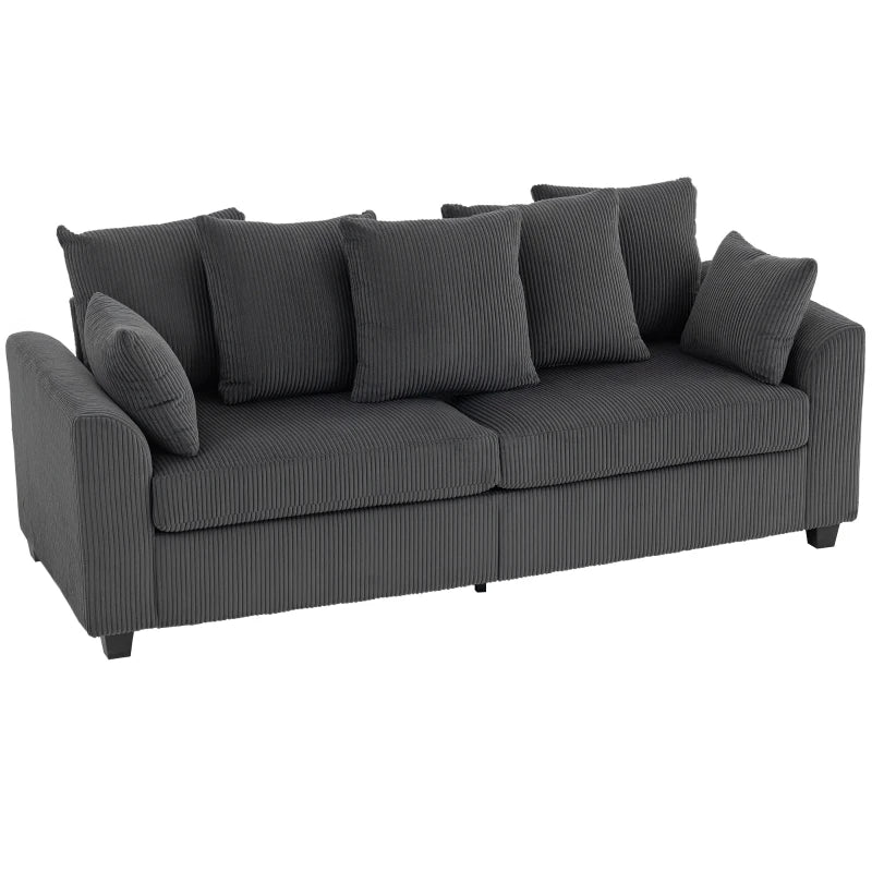 Corduroy Couch with 6 Back Cushions, 2 Pillows and Curved Armrests, Modern 3 Seater Sofa, Dark Grey