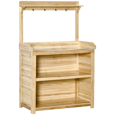 Outsunny Garden Potting Bench Table, Wooden Workstation Bench w/ Galvanized Metal Tabletop, Storage Shelves and Hooks 