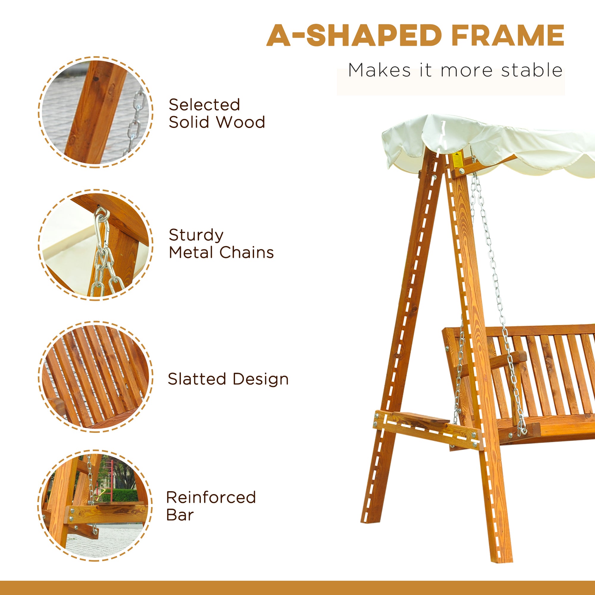 Outsunny 80" Patio Swing Chair with Canopy Outdoor Wooden Swing Bench Hammock for Garden, Poolside, Backyard 
