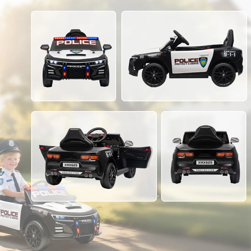 Qaba Kids Electric Ride on Police Car with Remote Control, Sirens, Flashing Lights, Music, Horn, Shock Absorbers, White