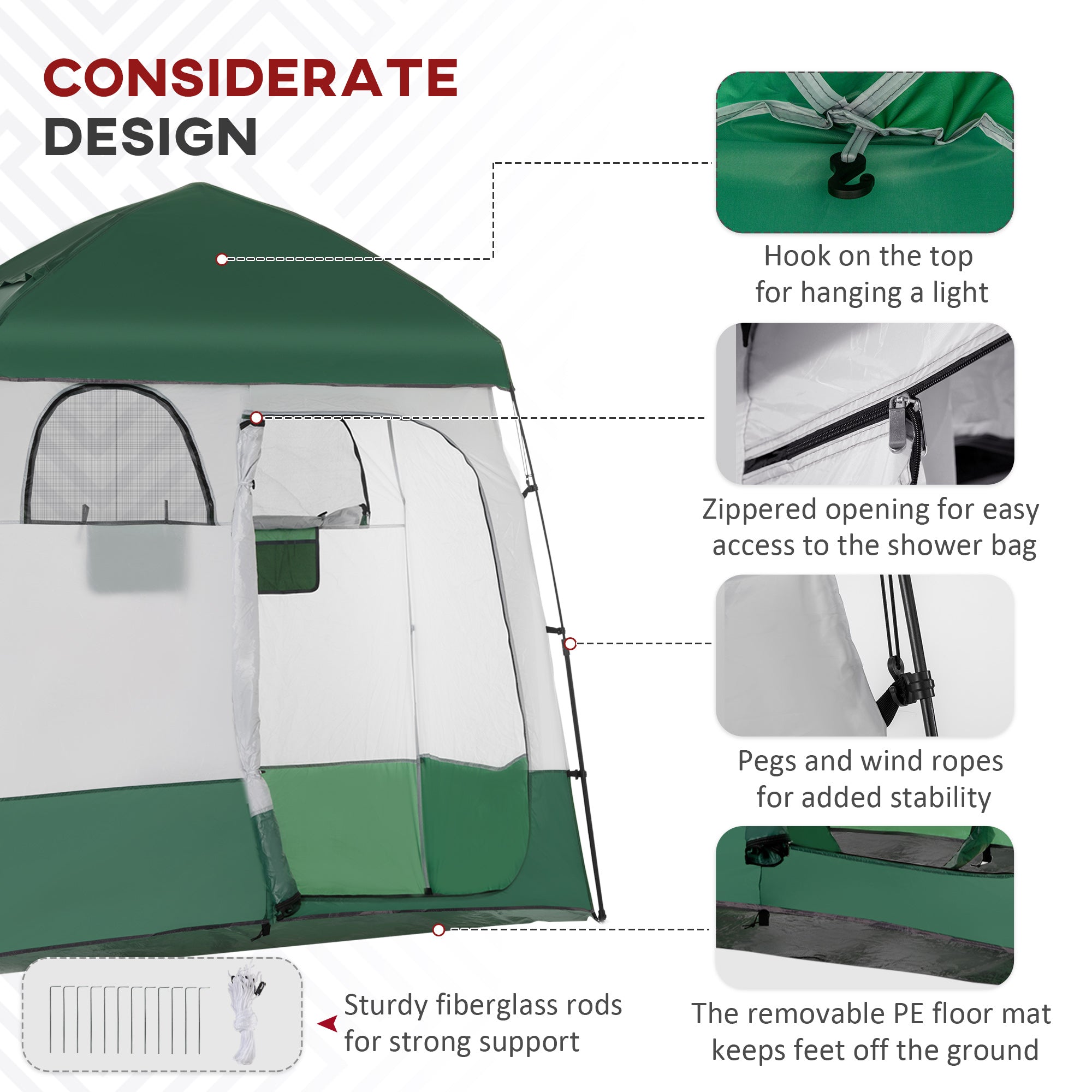 Outsunny Outdoor Portable Pop Up Shower Tent Changing Tent Privacy Enclosure with 2 Rooms, Shower Bag, Floor for Camping, Green 
