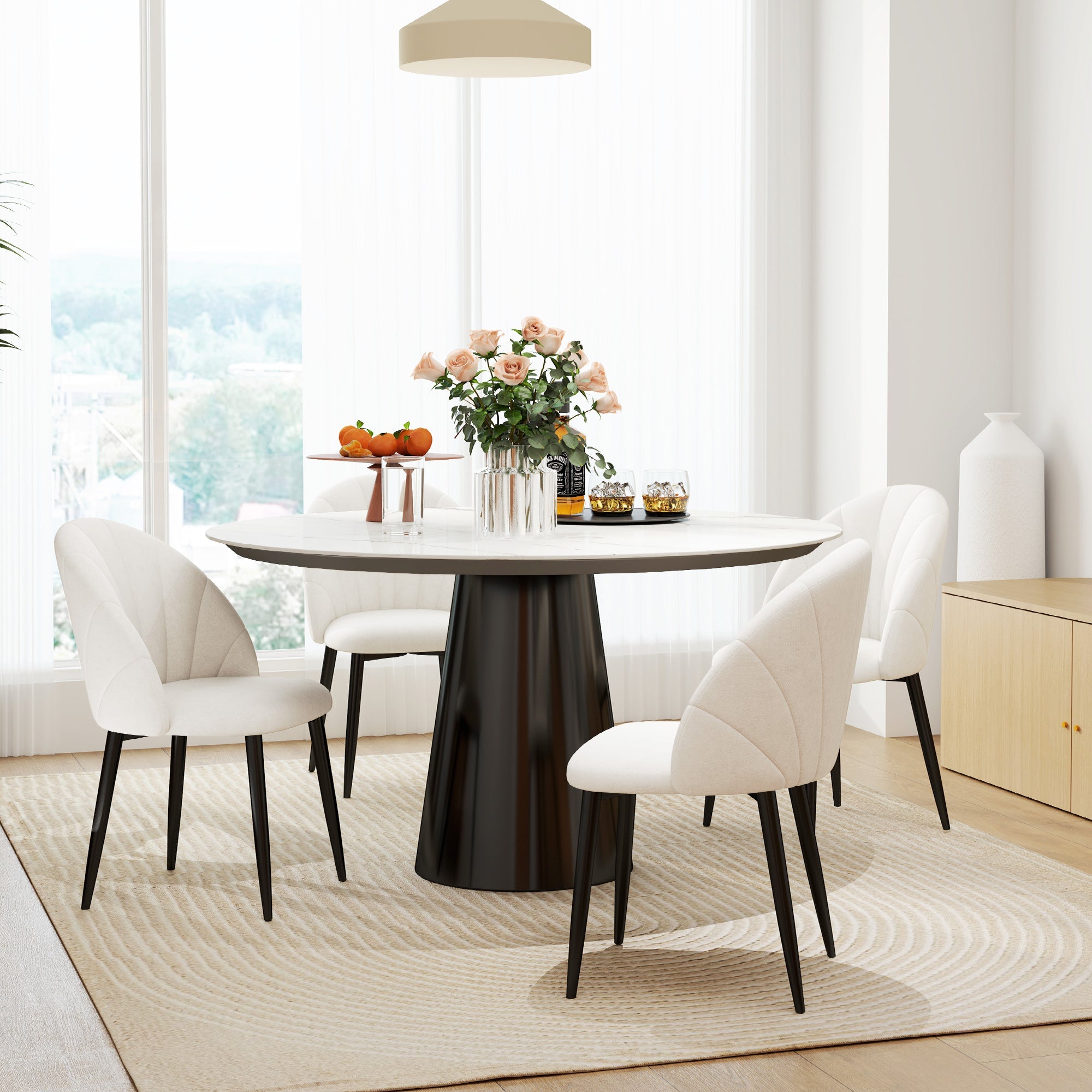 HOMCOM Modern Dining Chairs Set of 4, Upholstered Dining Room Chairs with Metal Legs, Shell Backrest, Padded Seat, Cream White 