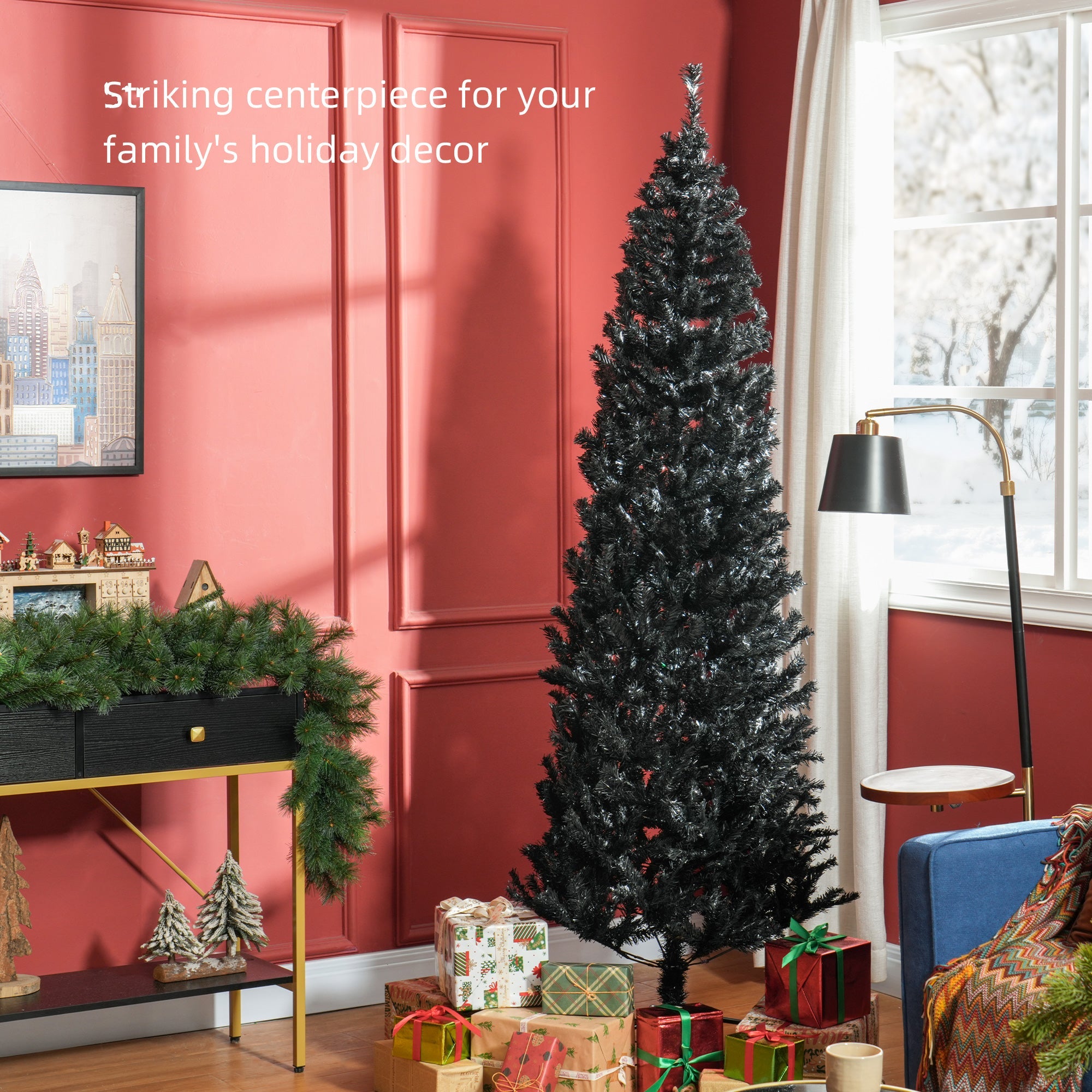 HOMCOM 7FT Pencil Christmas Tree, Artificial Christmas Tree with Automatic Open for Home Party, Black 