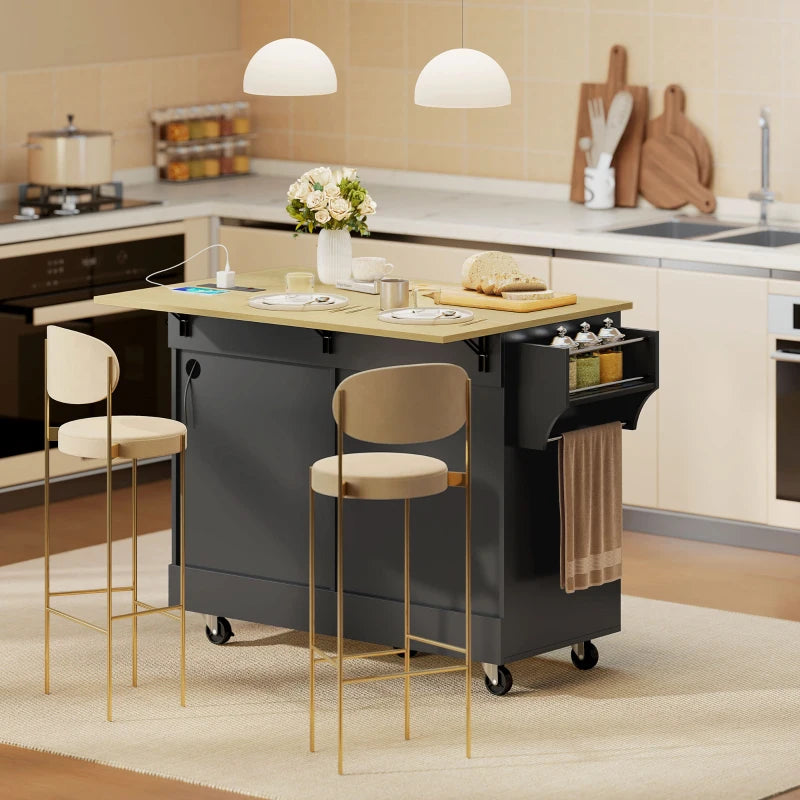 Kitchen Island Cart with Charging Station and Drop Leaf, Kitchen Island Table on Wheels with Trash Can Cabinet, Black