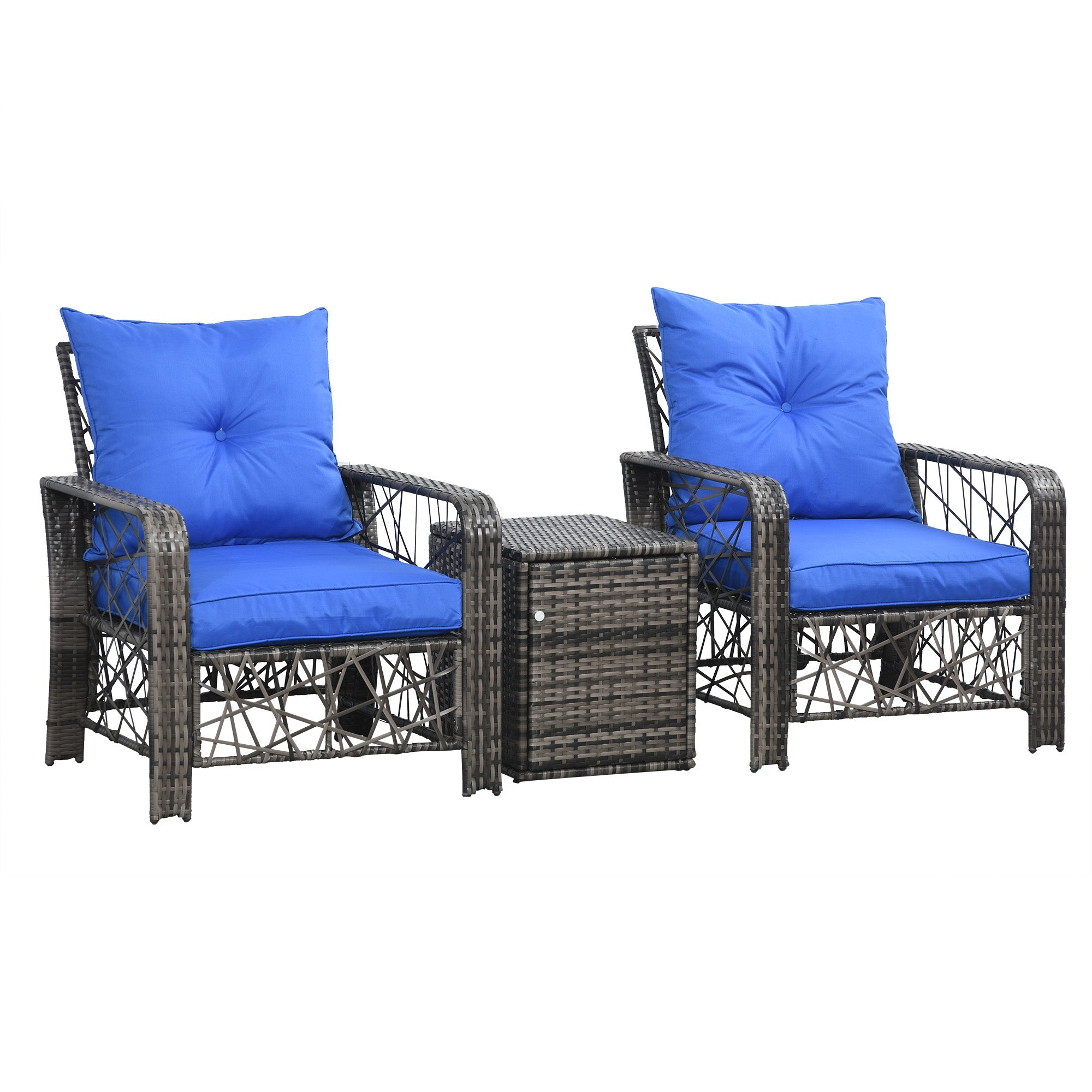 Outsunny 3 PCS Patio Wicker Coffee Table Set Bistro Conversation Furniture with Cushion & Storage Function Patio Yard Porch Blue 