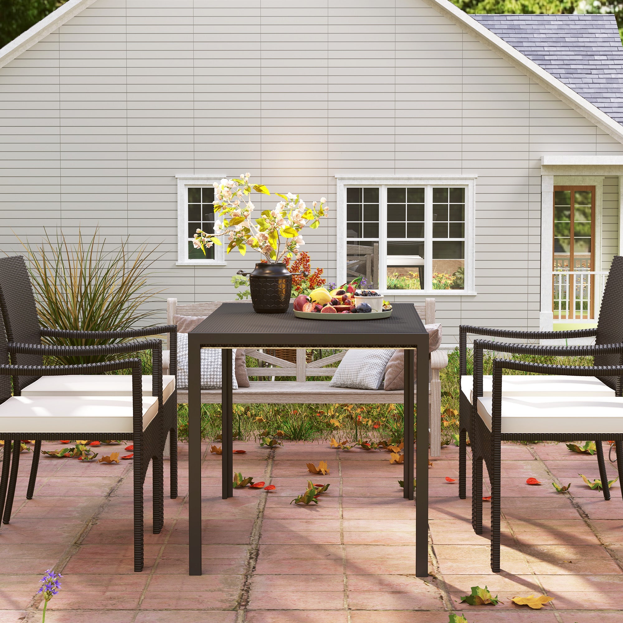 Outsunny Rectangular Outdoor Dining Table, 4-Seat Patio Table with PE Rattan Wicker Tabletop for Backyard and Lawn, Black 