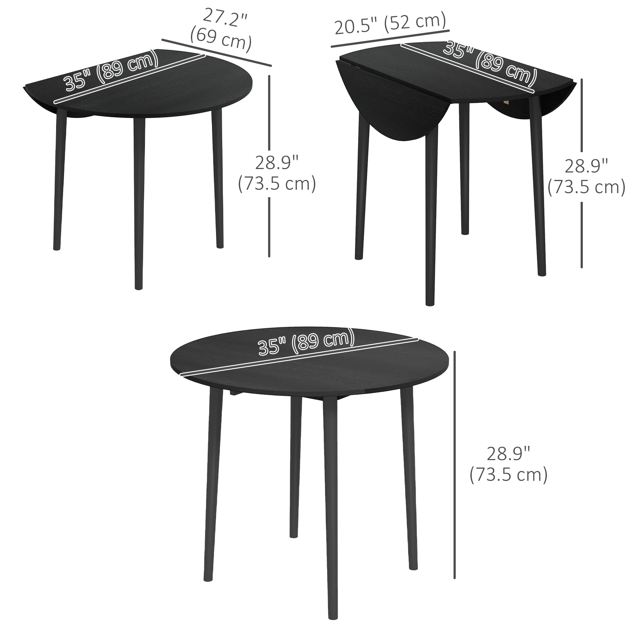 HOMCOM Folding Round Drop Leaf Dining Table 4 Seater Adjustable Length Wood Legs for Small Spaces Distressed Black 