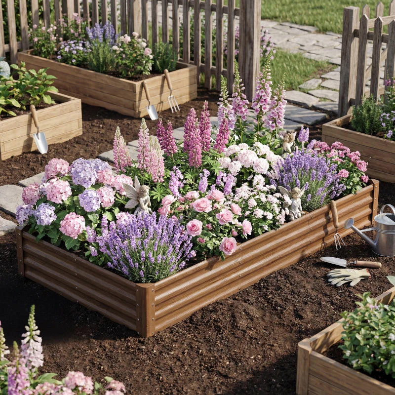 8 x 4 x 1ft Galvanized Raised Garden Bed, Reinforced Outdoor Planter Box with Open Bottom, Distressed Brown