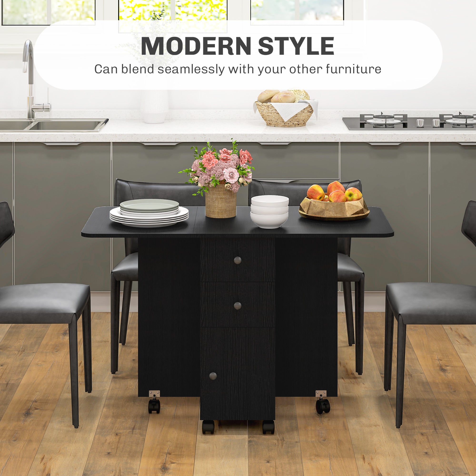 HOMCOM Drop Leaf Dining Table, Mobile Folding Table on Wheels with Drawers and Cabinet for Dining Room, Kitchen, Black 