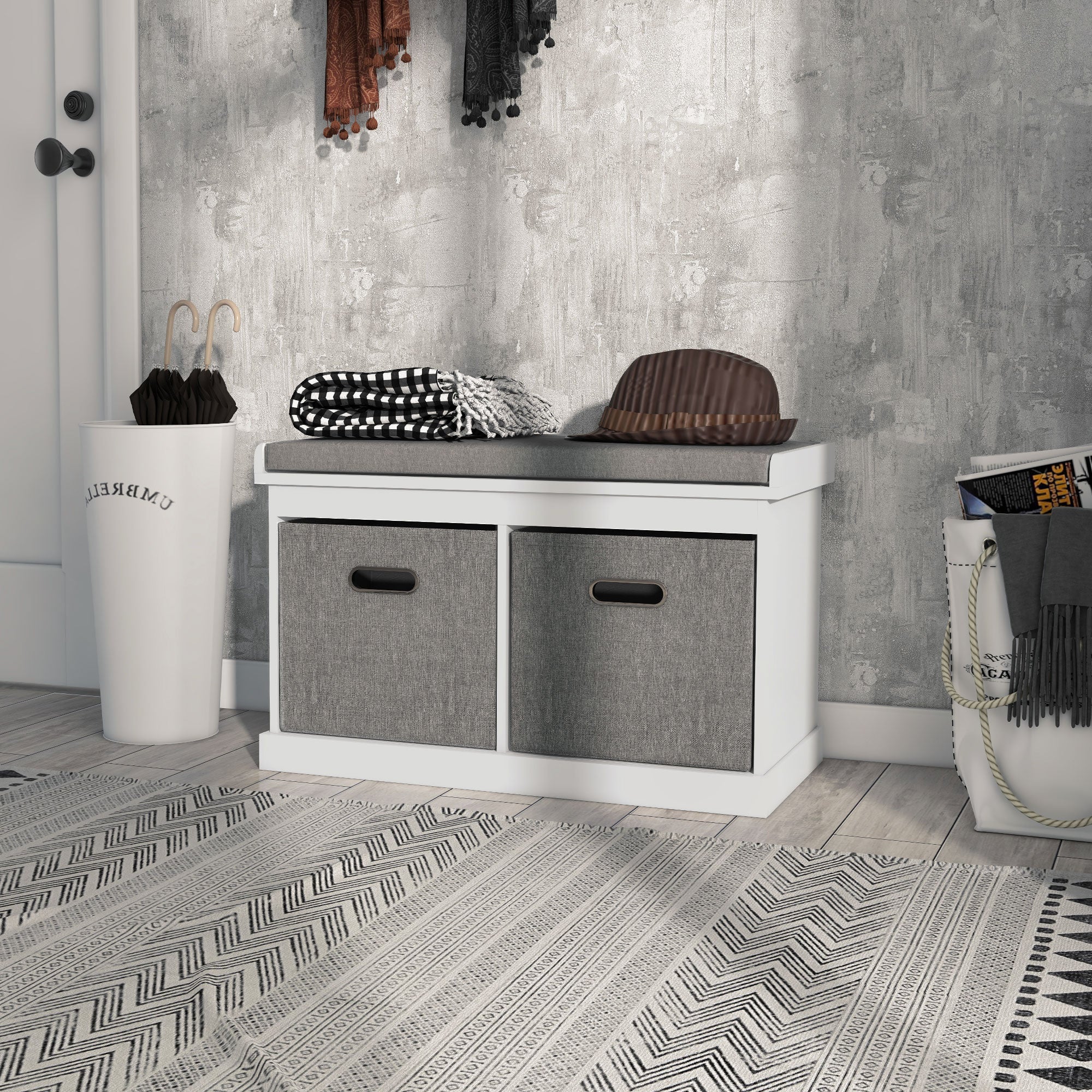 HOMCOM Shoe Storage Entryway Bench Seat with Cushion 2 Fabric Drawers for Hallway White 