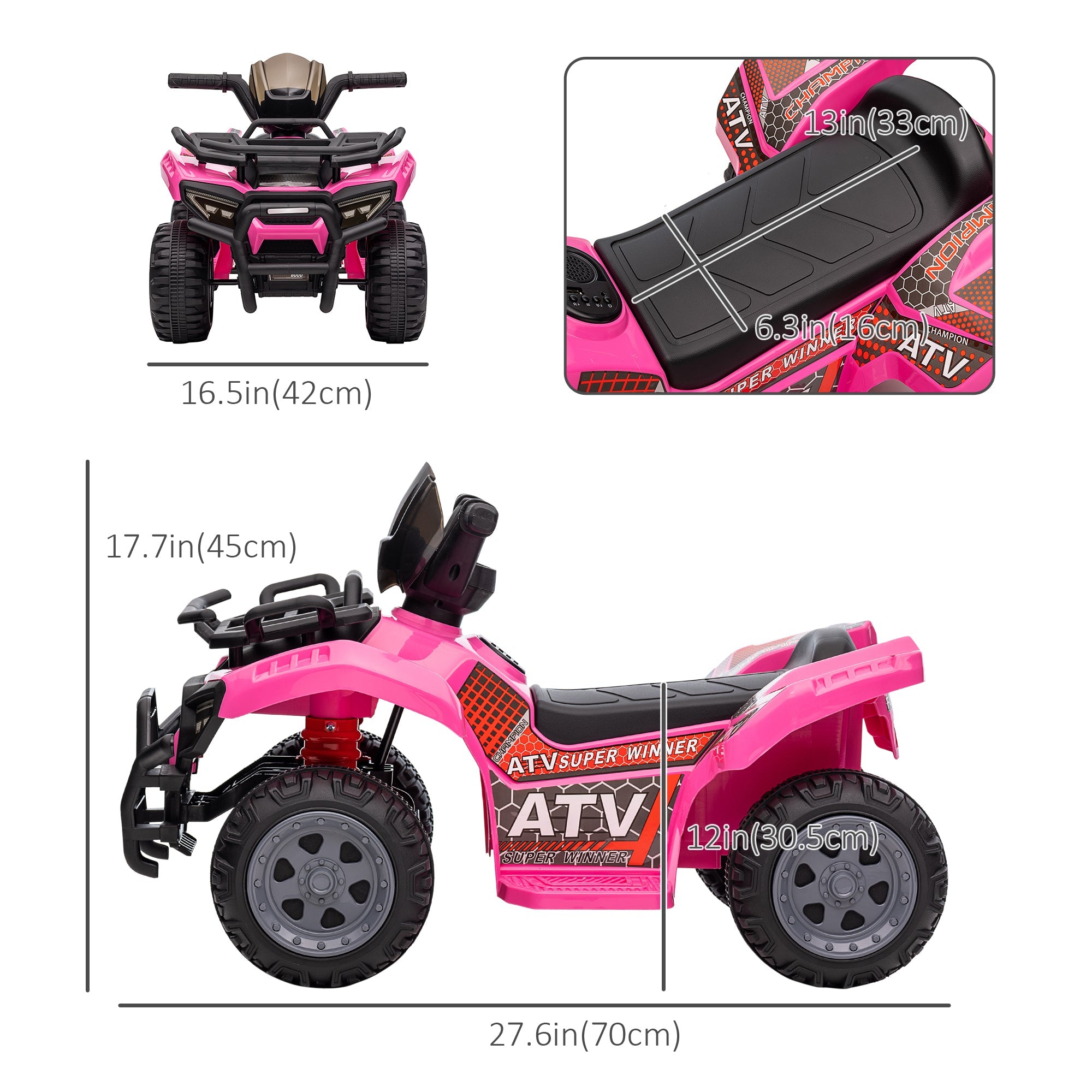 Aosom Ride-On ATV: 6V Battery Powered, Four Wheeler, Headlights, 18-36 Months, Pink, Toddler Quad 