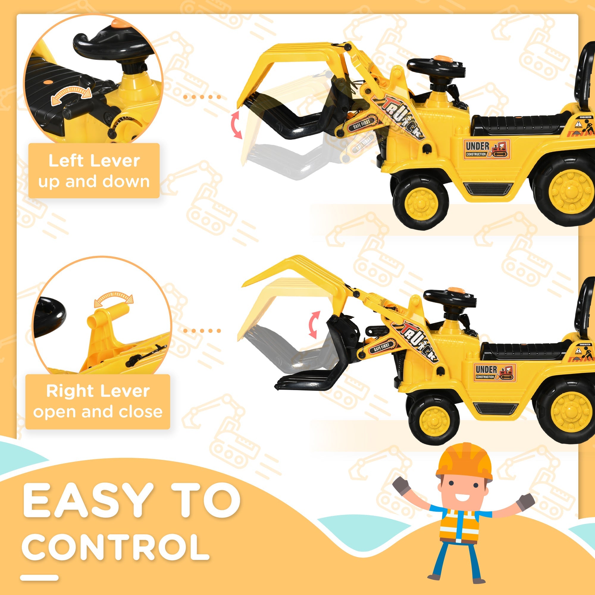 Aosom Ride On Excavator Toy No Power Digger Realistic Sound Grabber Under Seat Storage for 3-4 Years Old 