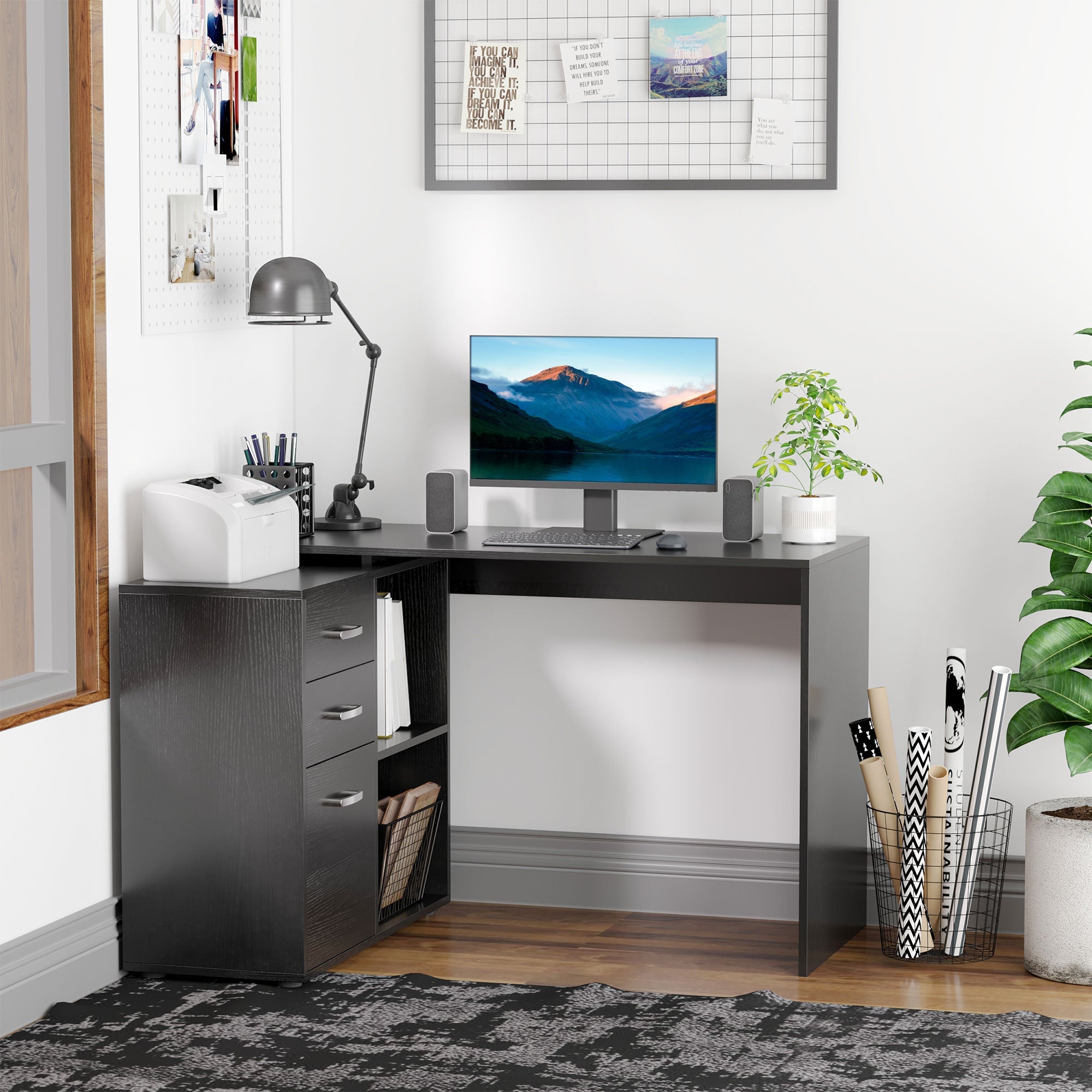 HOMCOM L-Shaped Desk Computer Corner with Storage Shelf Drawer Black Home Office Workstation 