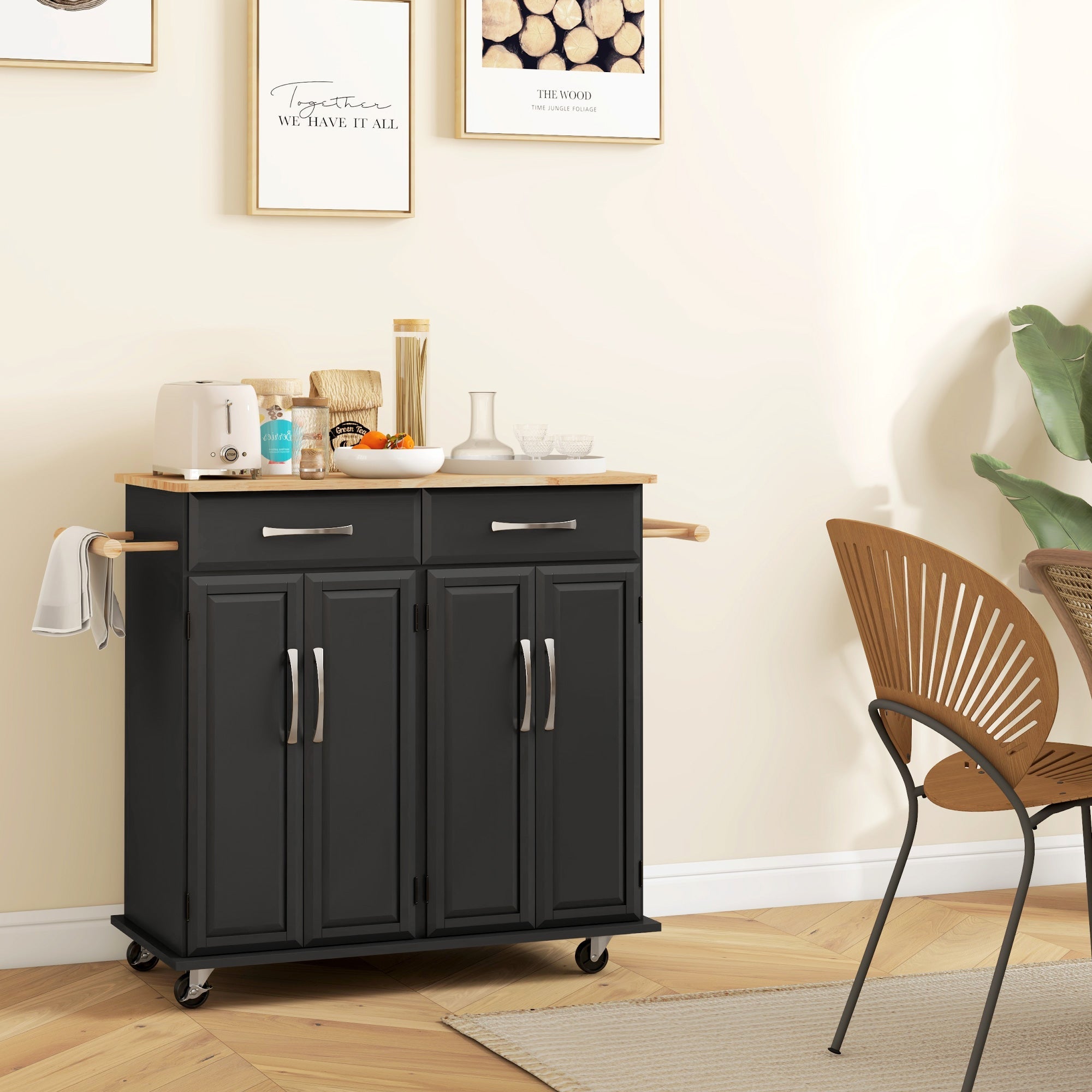 HOMCOM Kitchen Island on Wheels Rubberwood Top Rolling Cart 2 Drawers 4 Doors Adjustable Shelves Mobile Storage Furniture 