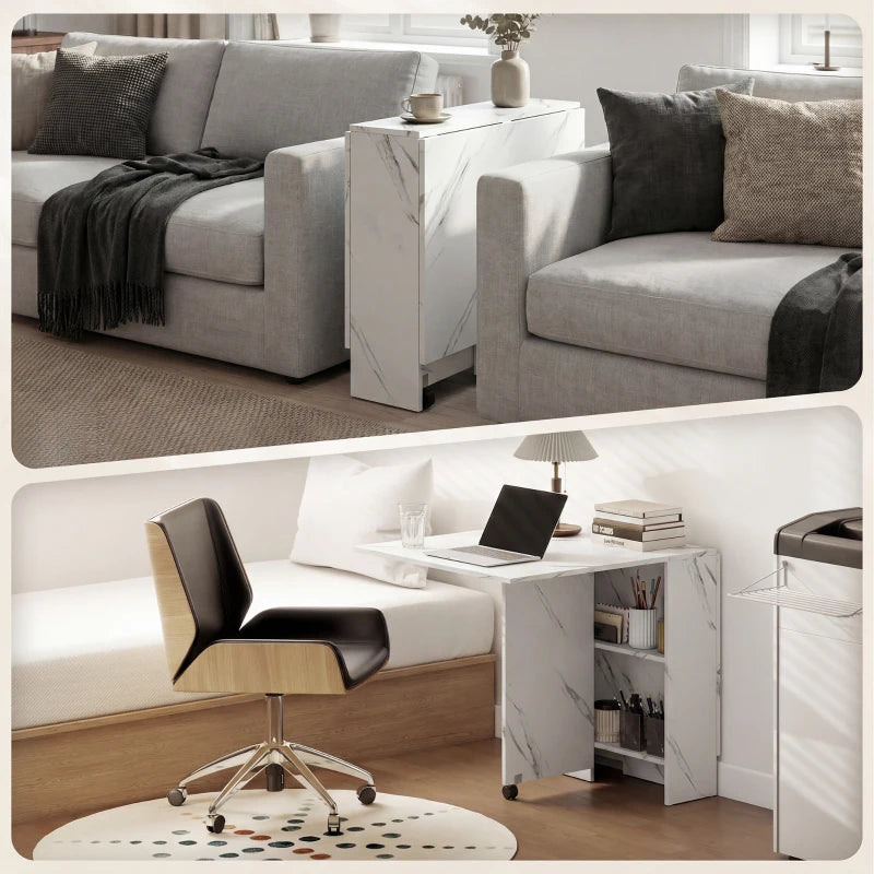 Extendable Dining Table, Collapsible Folding Table with 2-tier Shelves and Rolling Casters, Marble White