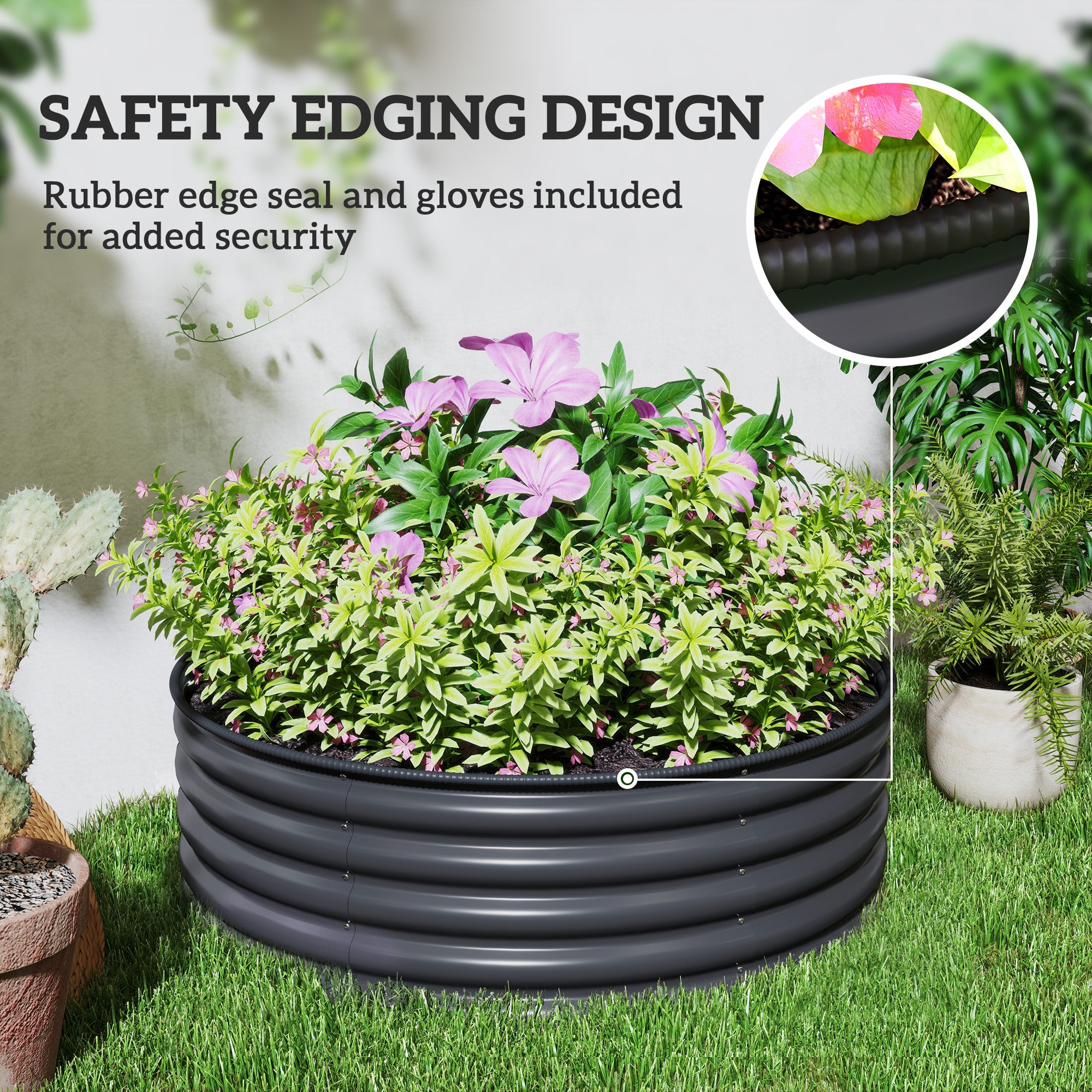 Outsunny Galvanized Raised Flower Bed, 4 x 4 x 1.5 ft Outdoor Metal Raised Bed with Safety Edging and Gloves, Dark Grey 