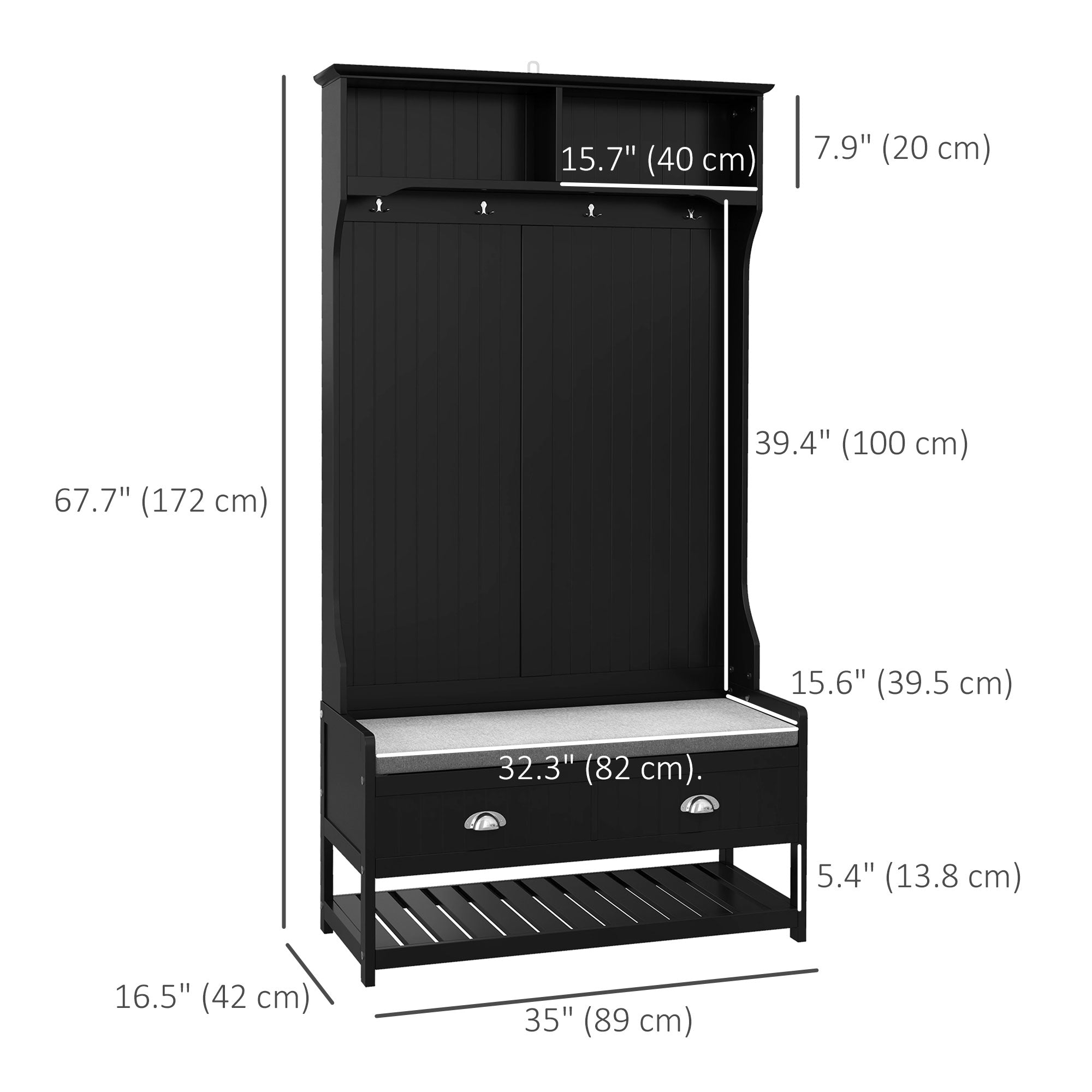HOMCOM Coat Rack Shoe Bench, Hall Tree with Bench and Shoe Storage, Entryway Bench with 4 Hooks, 2 Drawers, 2 Shelves, Black 