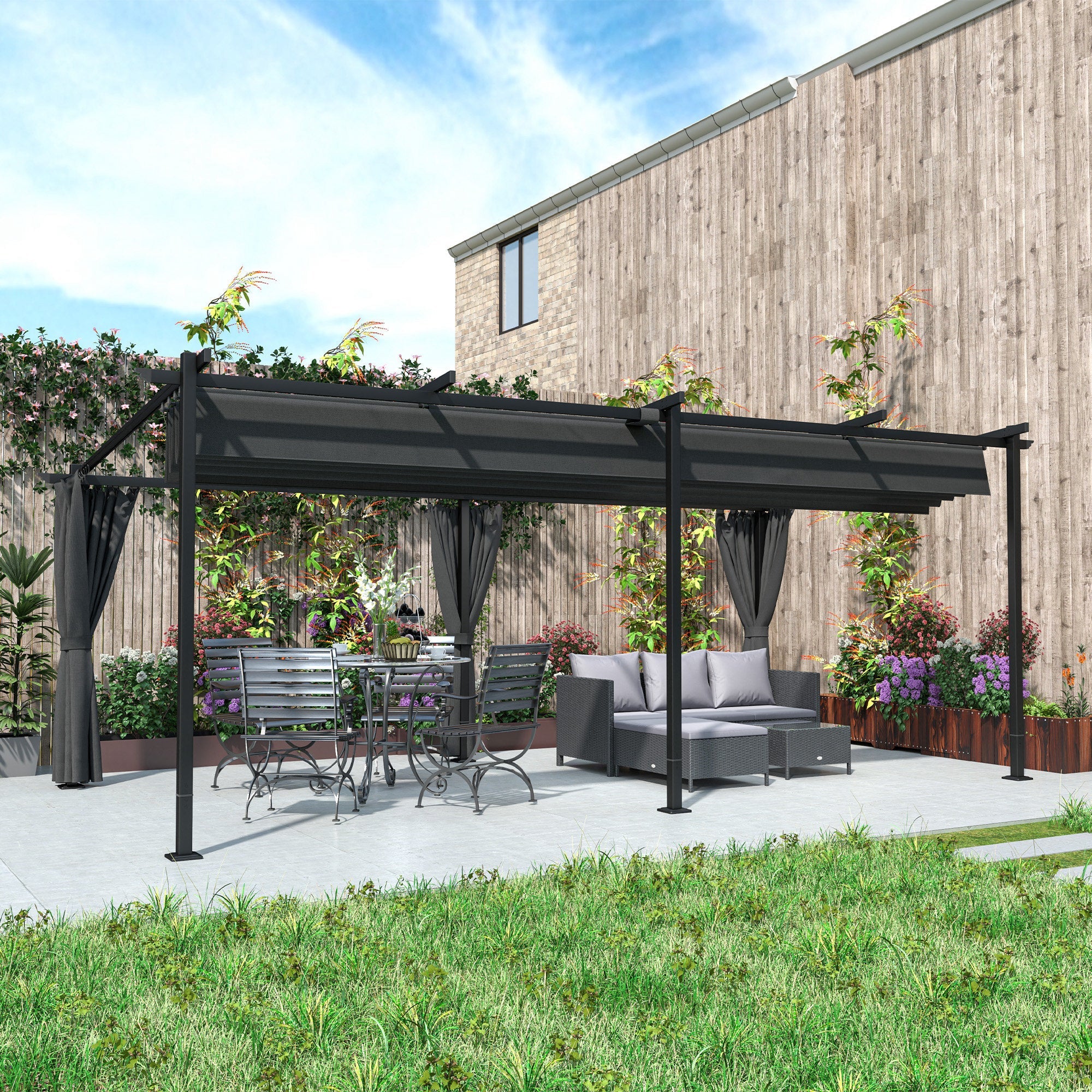 Outsunny 10' x 20' Metal Retractable Pergola Canopy with Sidewalls, Outdoor Gazebo UPF30+ Sun Shade Shelter for Garden, Deck 