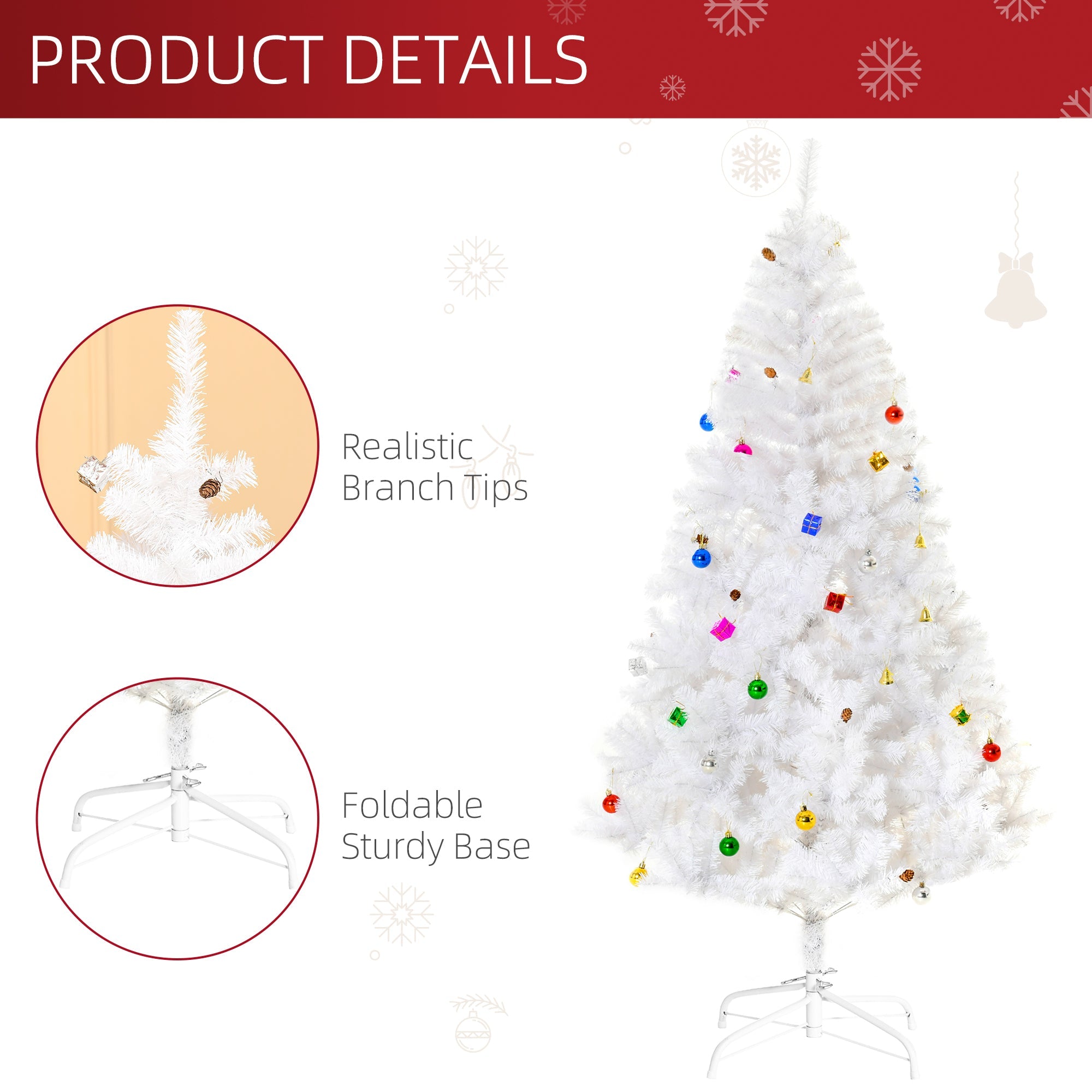 HOMCOM 6ft White Artificial Christmas Tree - Indoor Xmas Holiday Décor with Ornaments, Perfect for Festive Season 