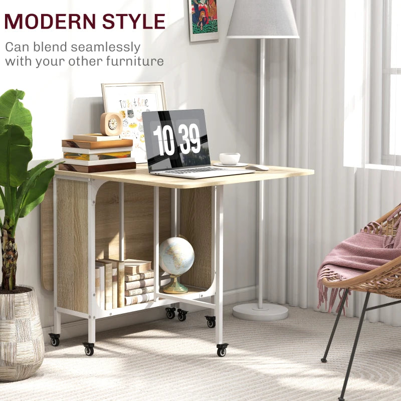 Folding Dining Table, Extendable Kitchen Table for Small Spaces with Storage Shelf and 6 Wheels, Natural Wood