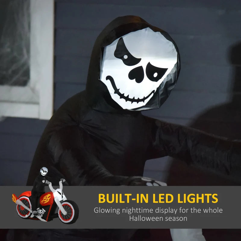 HOMCOM 6ft Inflatable Grim Reaper on Flaming Motorcycle – LED Lighted Halloween Outdoor Decoration 