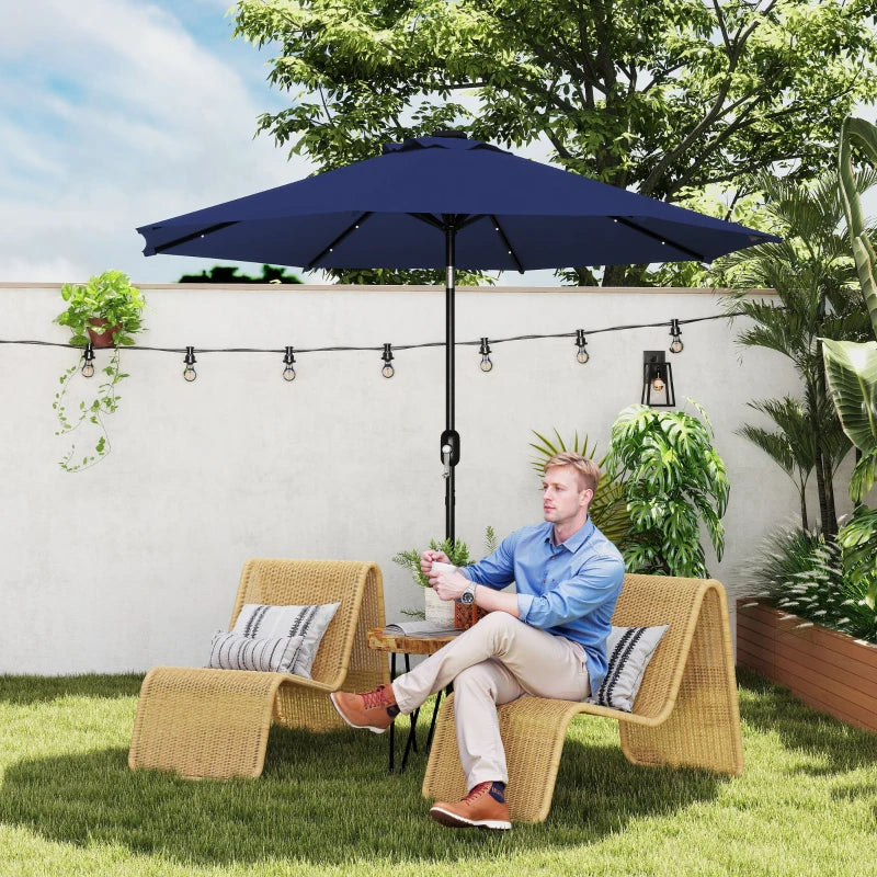 9ft Solar Patio Umbrella Outdoor Sunshade 24 LED Lights Tilt Canopy Navy Blue
