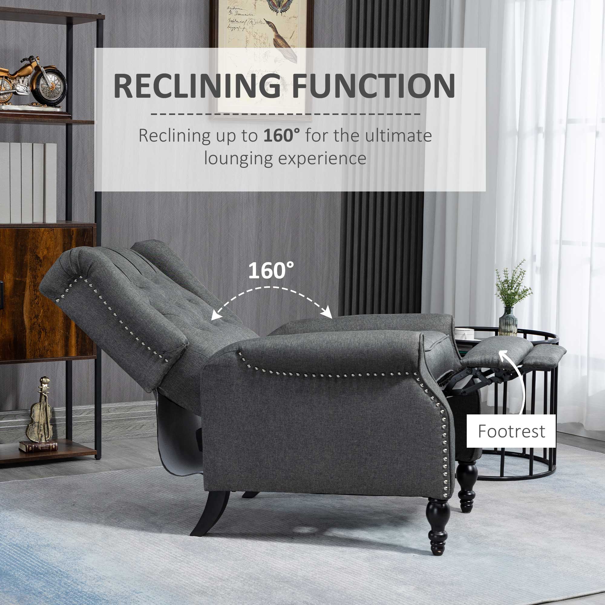 HOMCOM Manual Reclining Sofa, Fabric Push Back Recliner Chair with Button Tufted Backrest, Nail Head Trim, Armrest, Dark Gray 