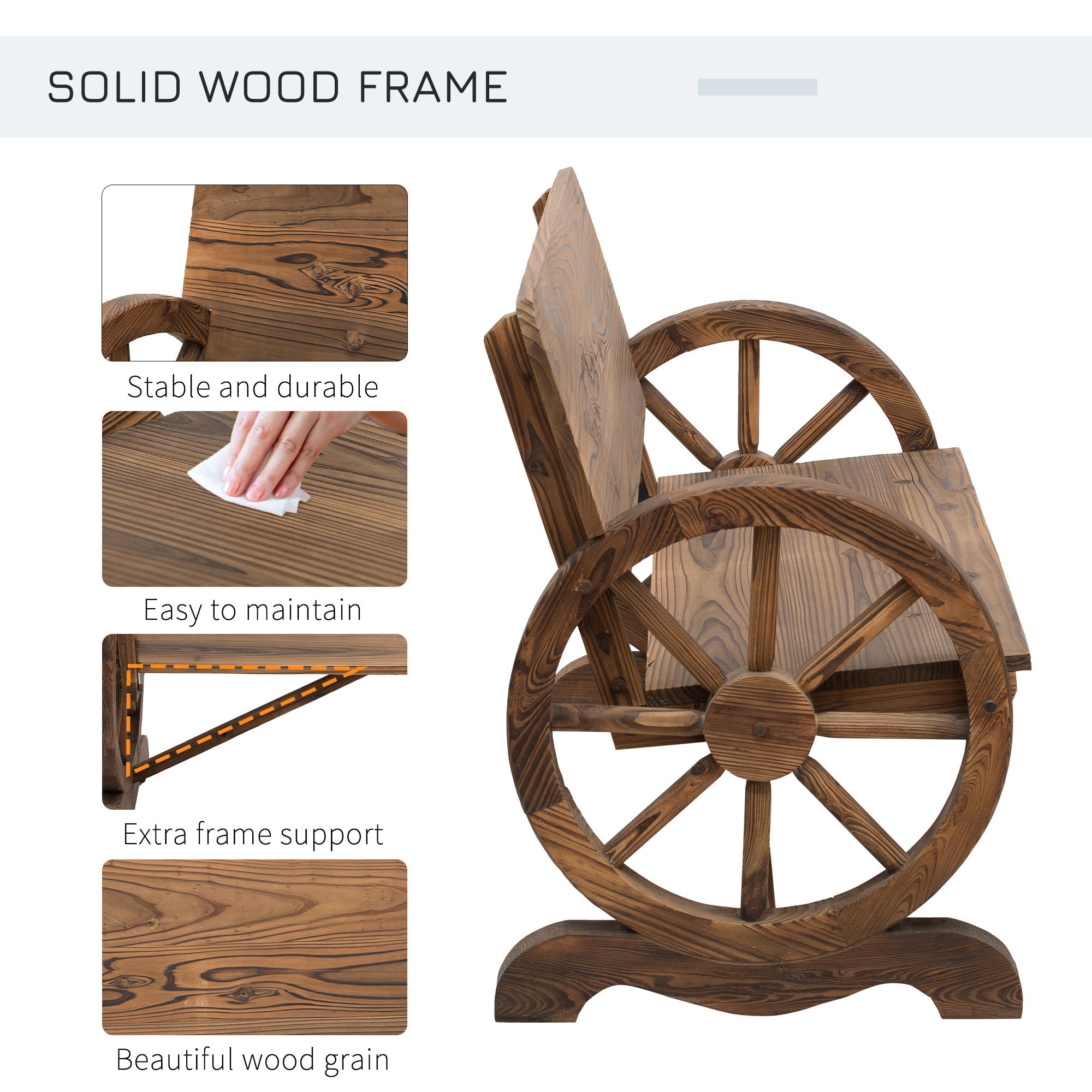 Outsunny Wooden Wagon Wheel Bench Rustic Design 2 Seater Garden Outdoor Chair High Back Loveseat 