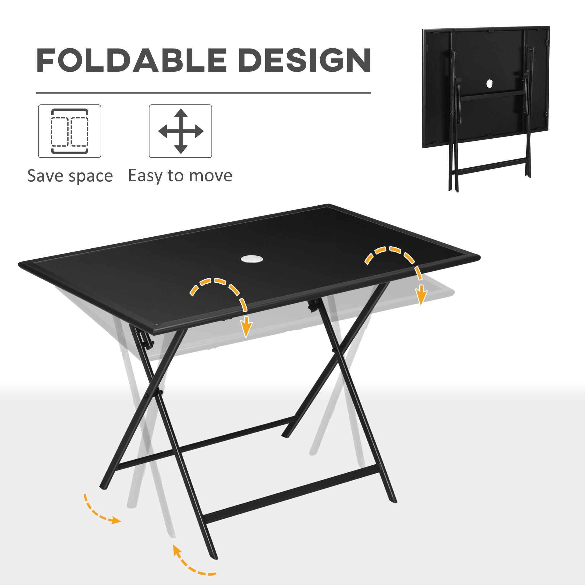 Outsunny Folding Patio Dining Table for 6 Rectangle Glass Outdoor Table Umbrella Hole Garden Lawn Backyard 