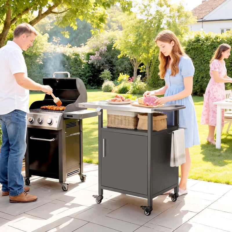 Outdoor Grill Cart with Steel top, Pizza Oven Stand with Cabinet, Spice Rack, Towel Holder, Bottle Opener, Brown