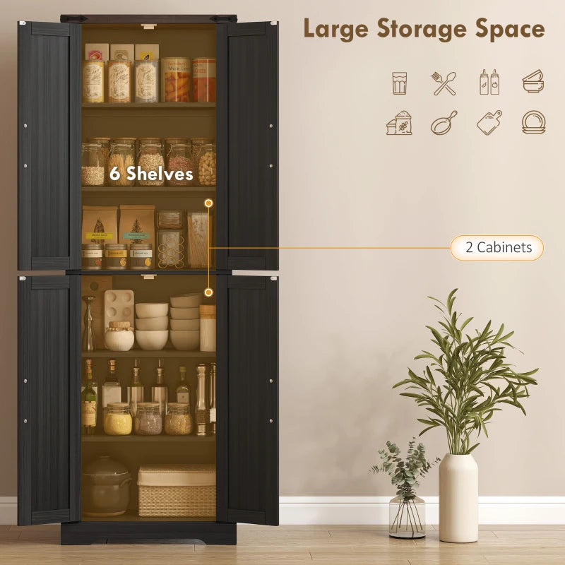 72" Pantry Cabinet, Farmhouse Freestanding Kitchen Storage Cabinet with Adjustable Shelves for Dining Room, Black