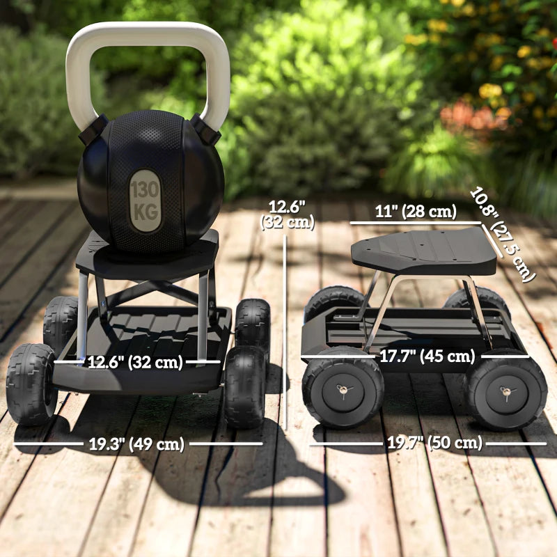 Garden Seat with Wheels, Rolling Garden Stool with Tool Tray, Cart for Outdoor Work, 19.7" x 19.3" x 12.6", Black