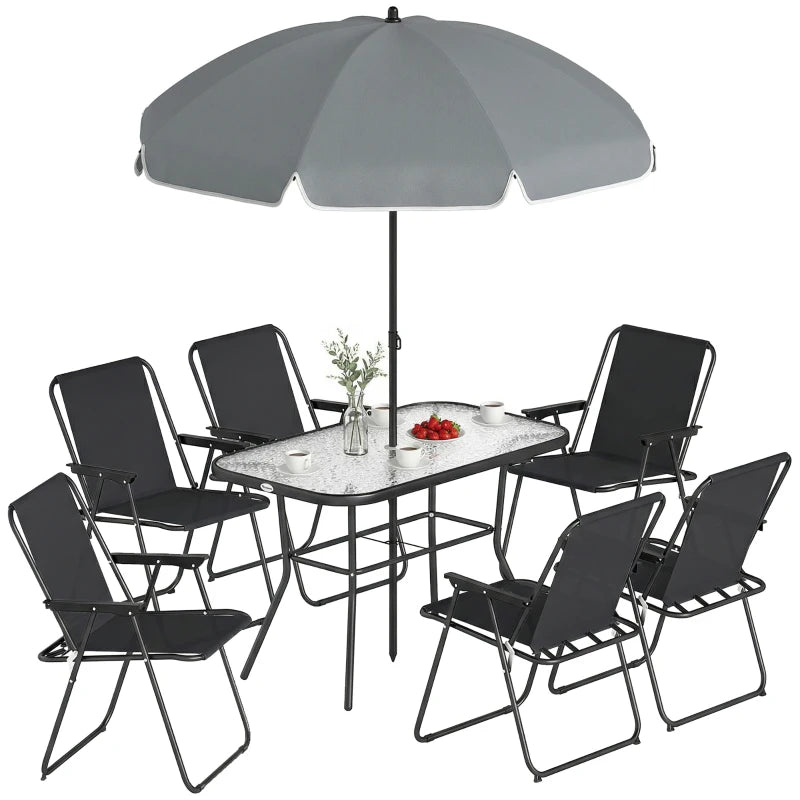 8 Piece Patio Table and Chairs Set with Folding Chairs, Tempered Glass Tabletop and Umbrella for Garden, Black
