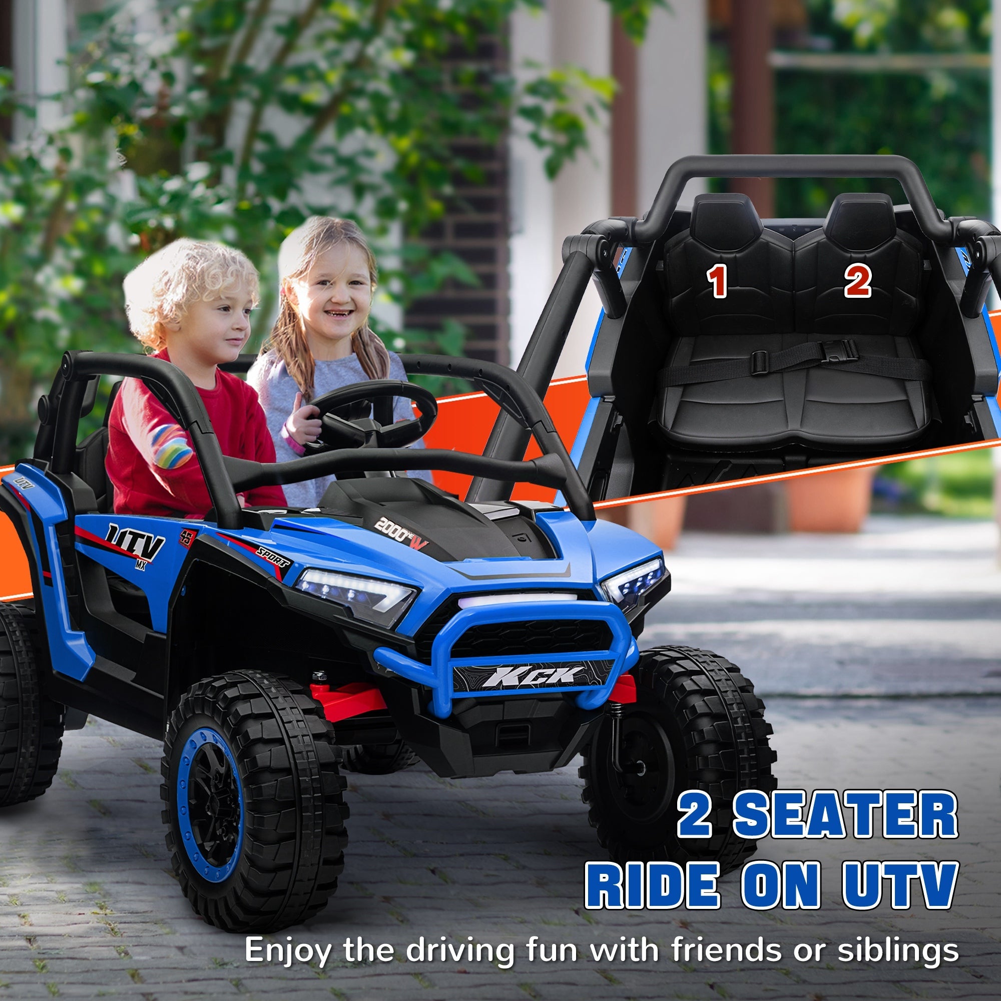 Qaba 2 Seater 24V 7AH Ride on Truck, Electric Car for Kids w/ Spring Suspension, Remote Lights, Horn, Music, Blue 