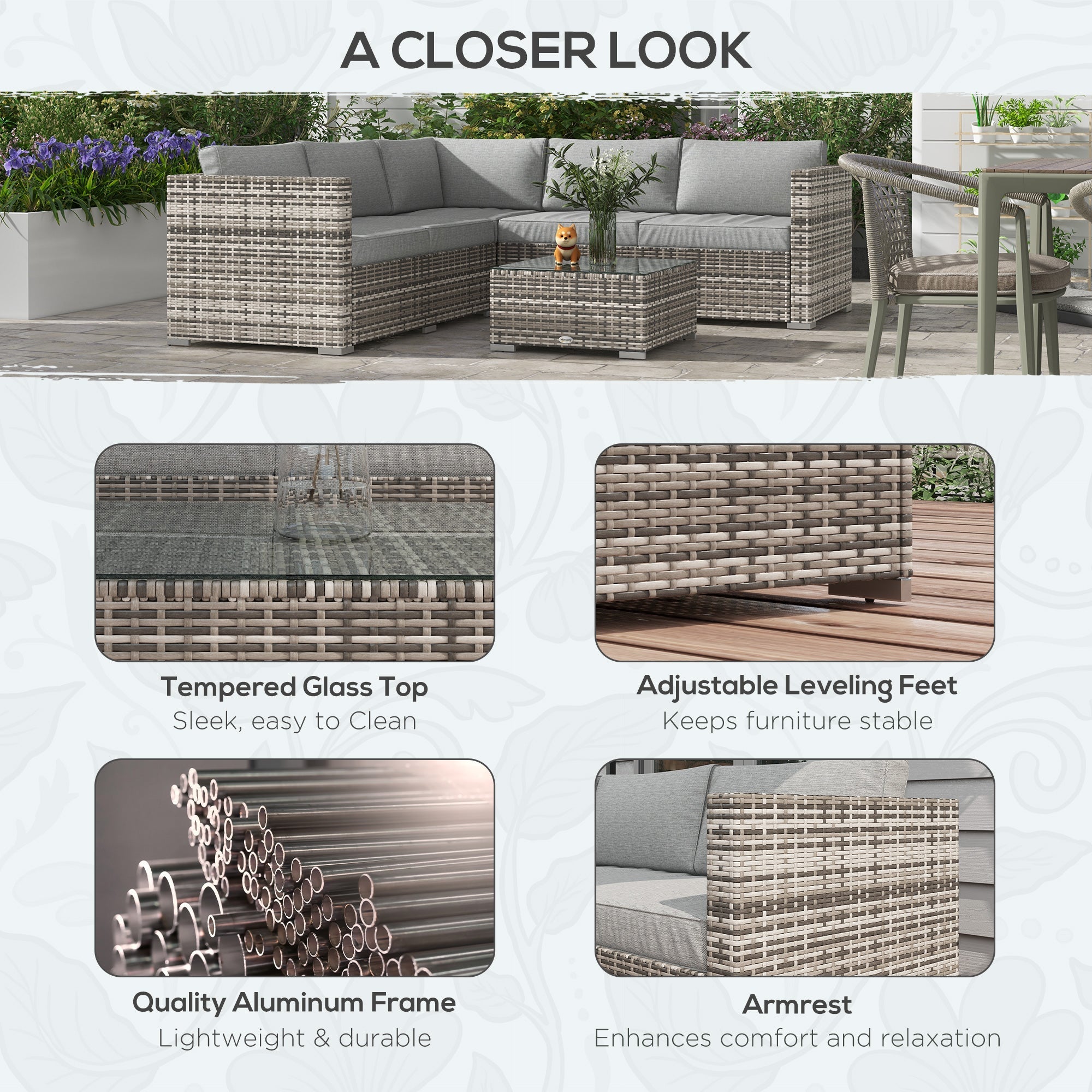 Outsunny 4pc Outdoor Rattan Wicker Conversation Set Corner Sofa Coffee Table with Cushions Mixed Grey 
