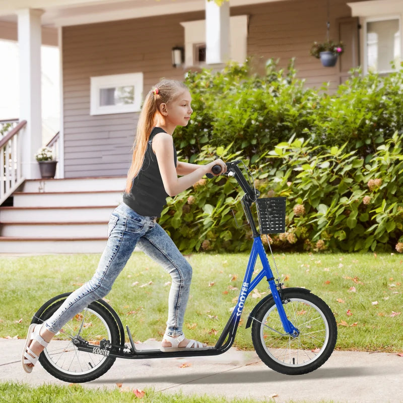 Aosom Kick Scooter with Adjustable Handlebar, Kids Scooter with 2 Brakes Basket Cupholder 16" Inflatable Rubber Tyres Blue