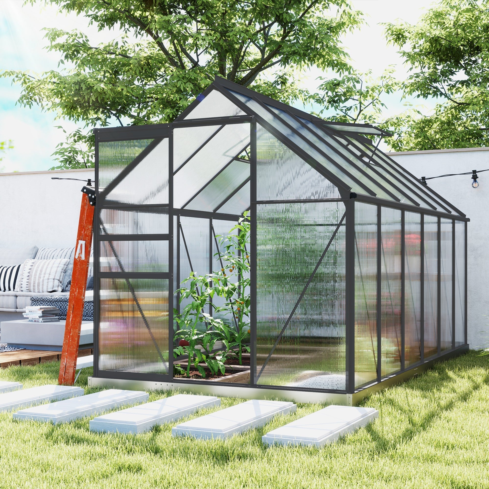 Outsunny 6' x 12' x 6.5' Polycarbonate Greenhouse, Walk-in Green House with Adjustable Roof Vent Galvanized Base Sliding Door Rain Gutter for Outdoor Garden Backyard, Charcoal Grey 