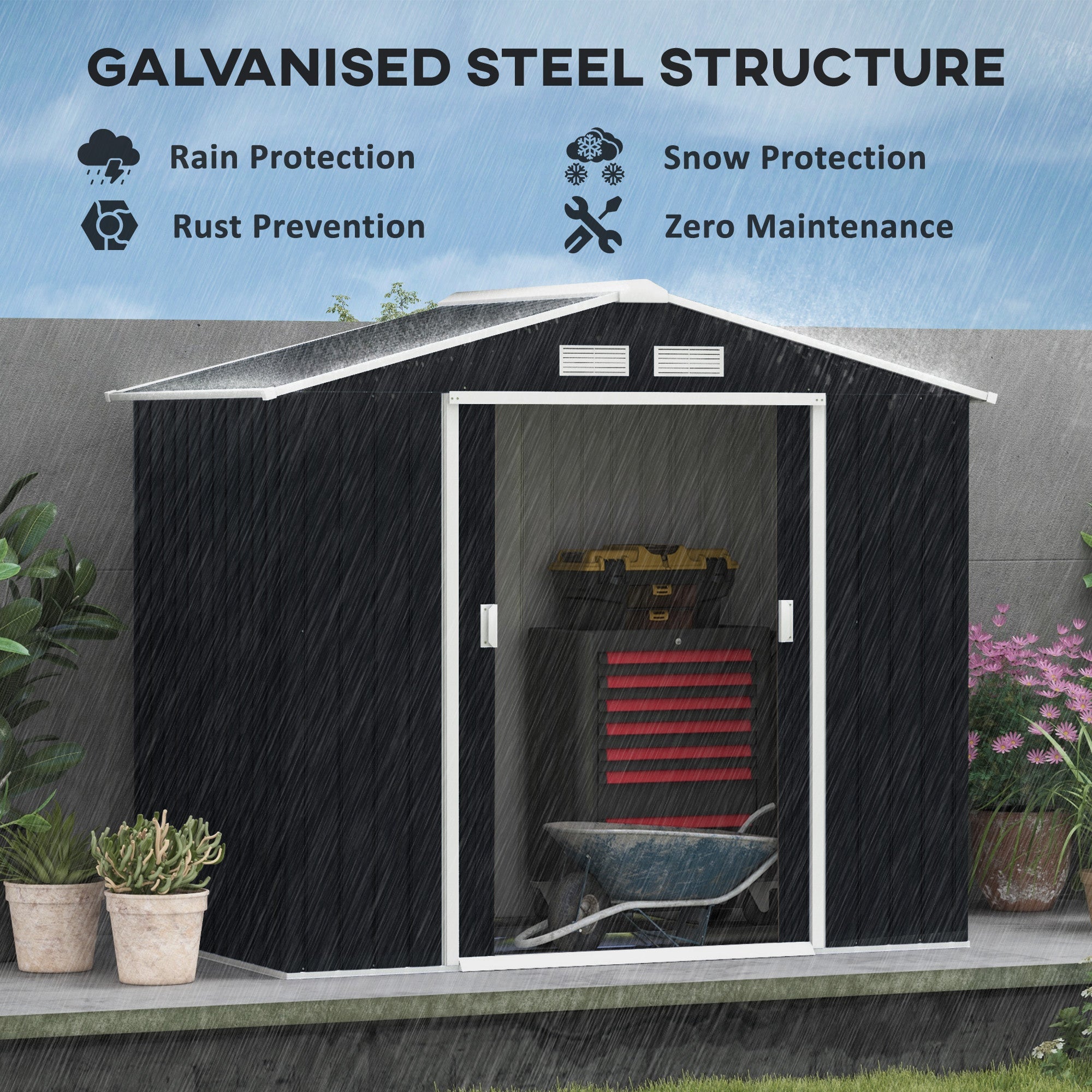 Outsunny Metal Garden Shed 7' x 4' x 6' Outdoor Storage with Foundation Double Doors Dark Grey 