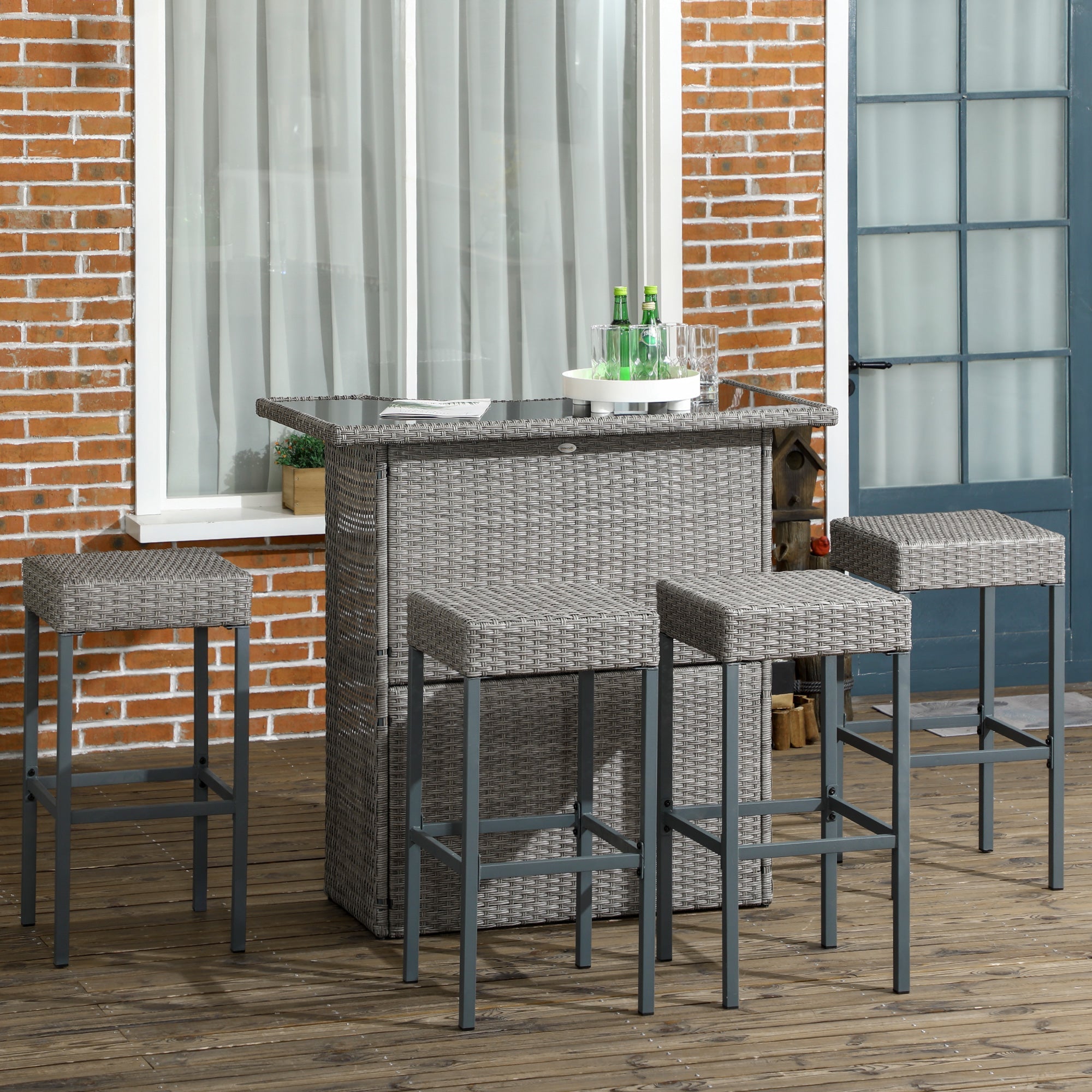 Outsunny 5 Pieces Patio Bar Set, Outdoor PE Rattan Wicker High Top Outdoor Table and Chairs Outdoor Bar Set with Tempered Glass Top Bar Table and Shelves, 4 Bar Chairs, Grey 