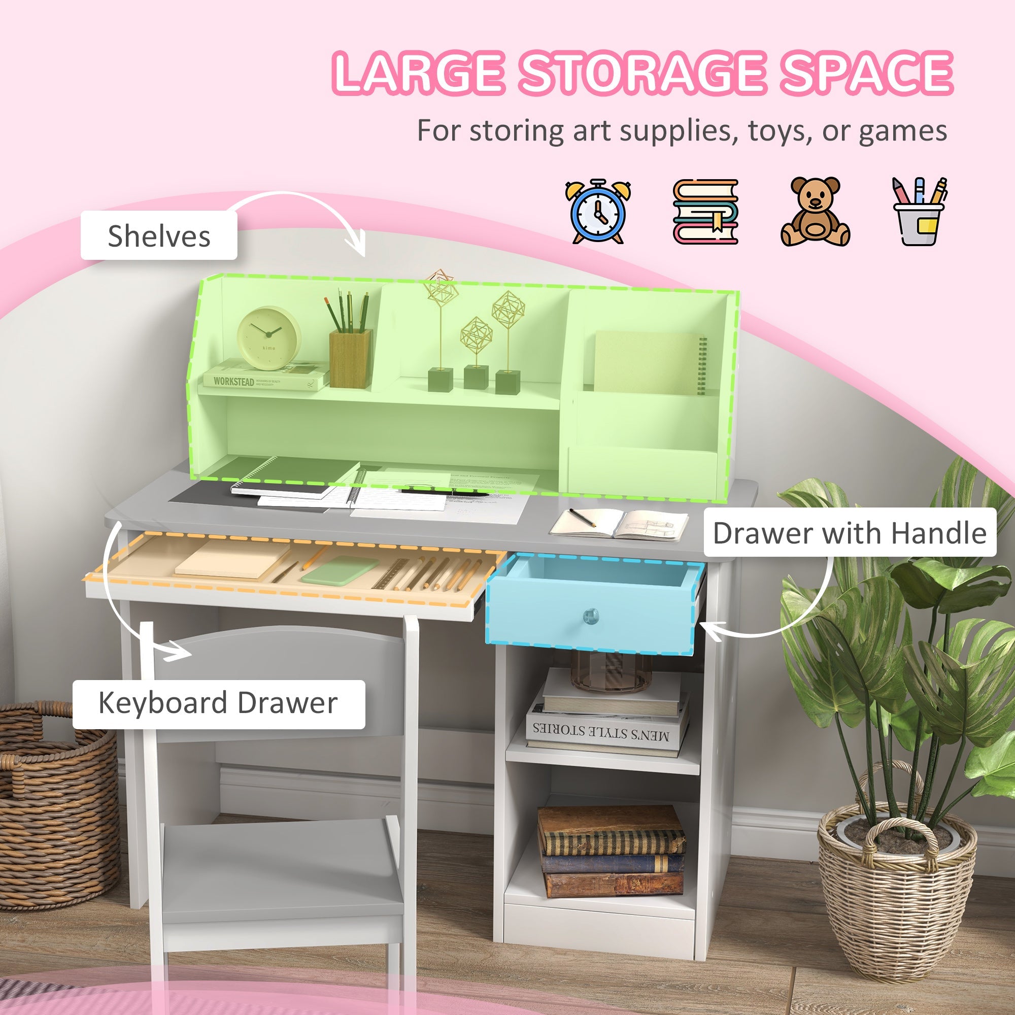 Qaba Kids Desk and Chair Set for 5-8 Year Old with Storage Study Table and Chair for Children Grey 