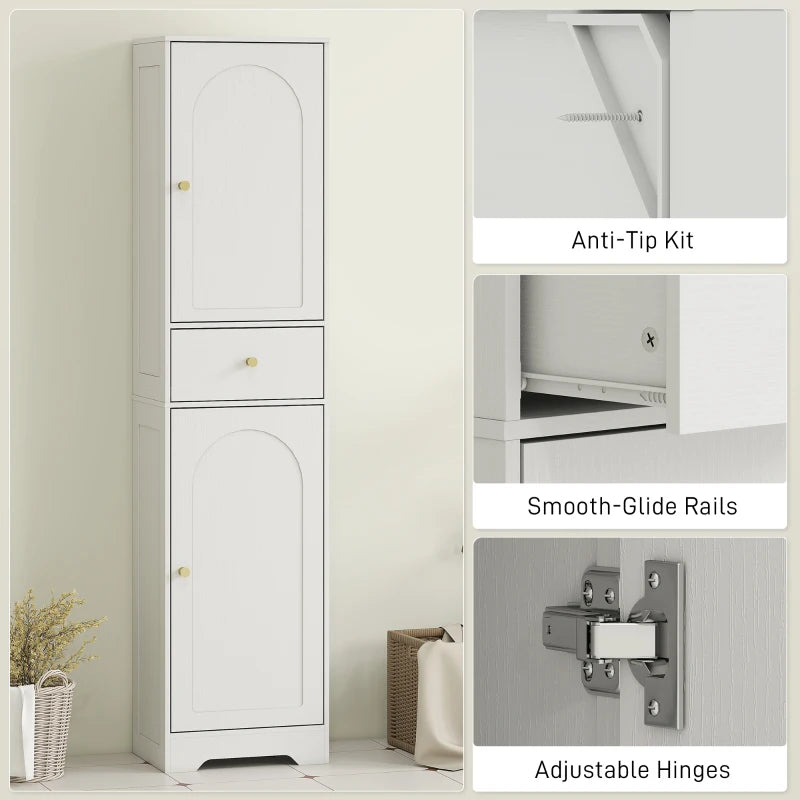 67" Tall Bathroom Cabinet, Slim Bathroom Storage Cabinet with 2 Doors, Drawer and Adjustable Shelf, White Wood Grain