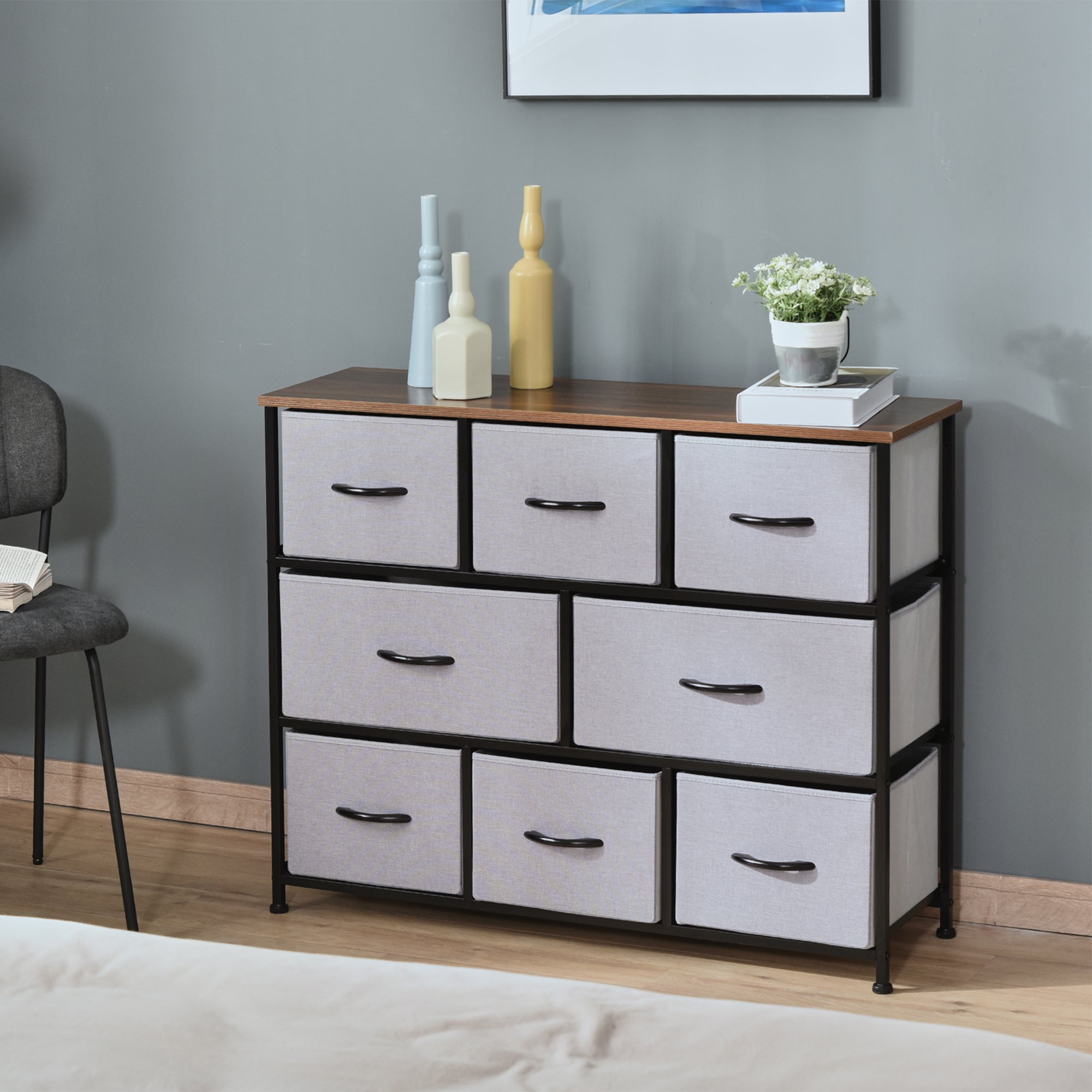 HOMCOM 8-Drawer Dresser, 3-Tier Fabric Chest of Drawers, Storage Tower Organizer Unit with Steel Frame Wooden Top for Bedroom, Grey 